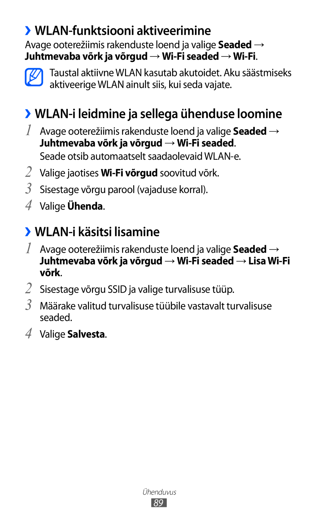 Samsung GT-S5570EGISEB, GT-S5570CWISEB, GT-S5570AAISEB manual ››WLAN-funktsiooni aktiveerimine, ››WLAN-i käsitsi lisamine 