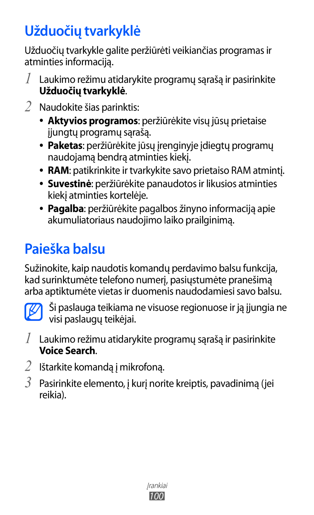 Samsung GT-S5570AAISEB, GT-S5570CWISEB, GT-S5570EGISEB manual Užduočių tvarkyklė, Paieška balsu, Voice Search, 100 