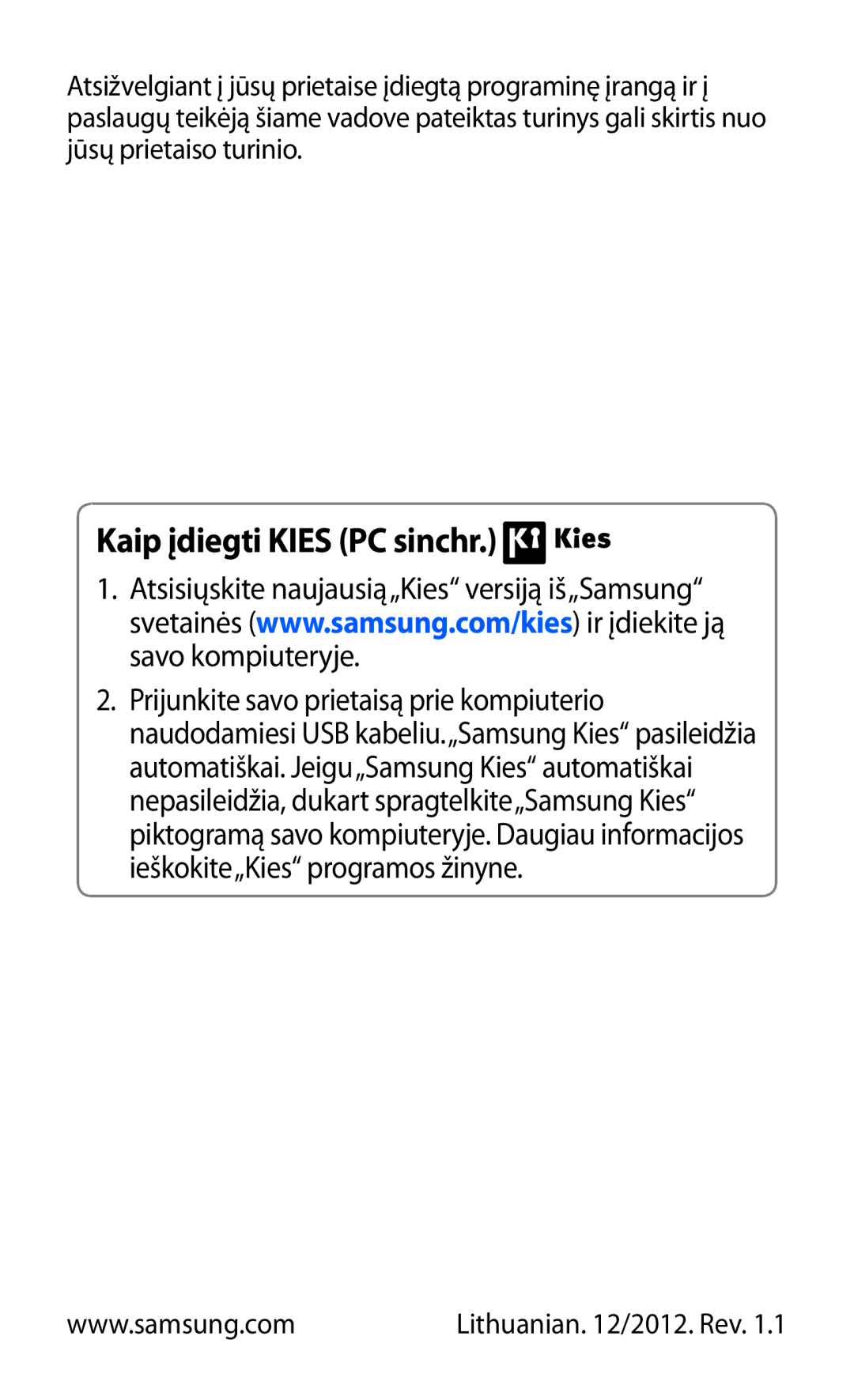 Samsung GT-S5570EGISEB, GT-S5570CWISEB, GT-S5570AAISEB manual Kaip įdiegti Kies PC sinchr 