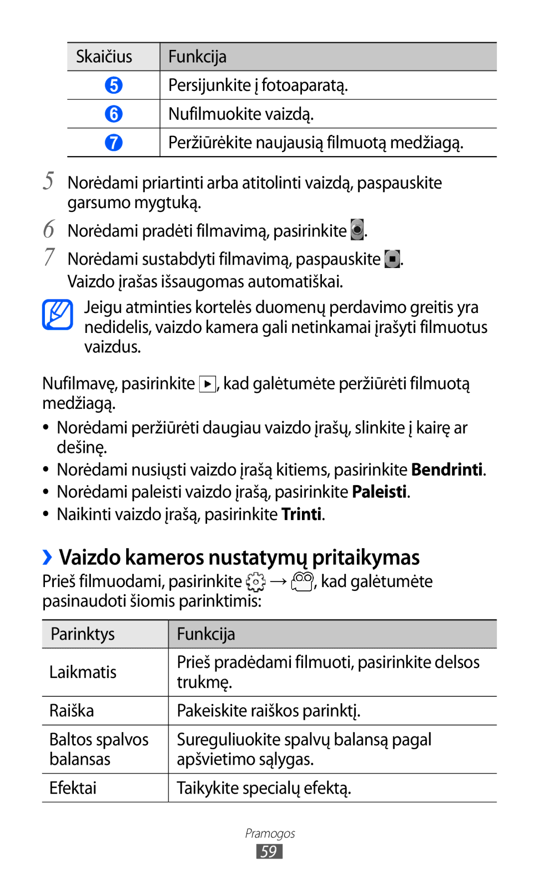 Samsung GT-S5570EGISEB, GT-S5570CWISEB ››Vaizdo kameros nustatymų pritaikymas, Naikinti vaizdo įrašą, pasirinkite Trinti 