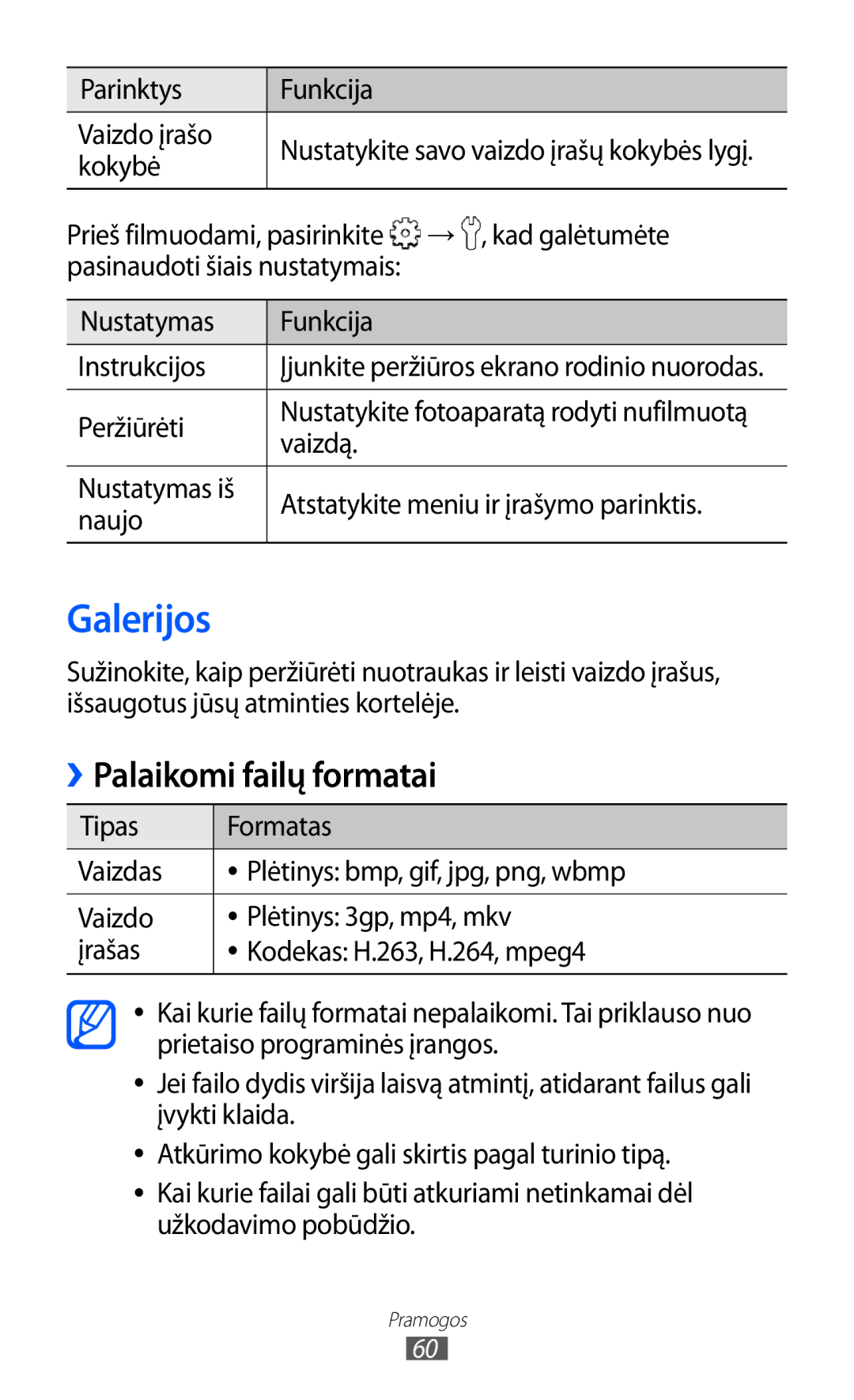 Samsung GT-S5570CWISEB, GT-S5570AAISEB Galerijos, Palaikomi failų formatai, Parinktys Funkcija Vaizdo įrašo, Peržiūrėti 