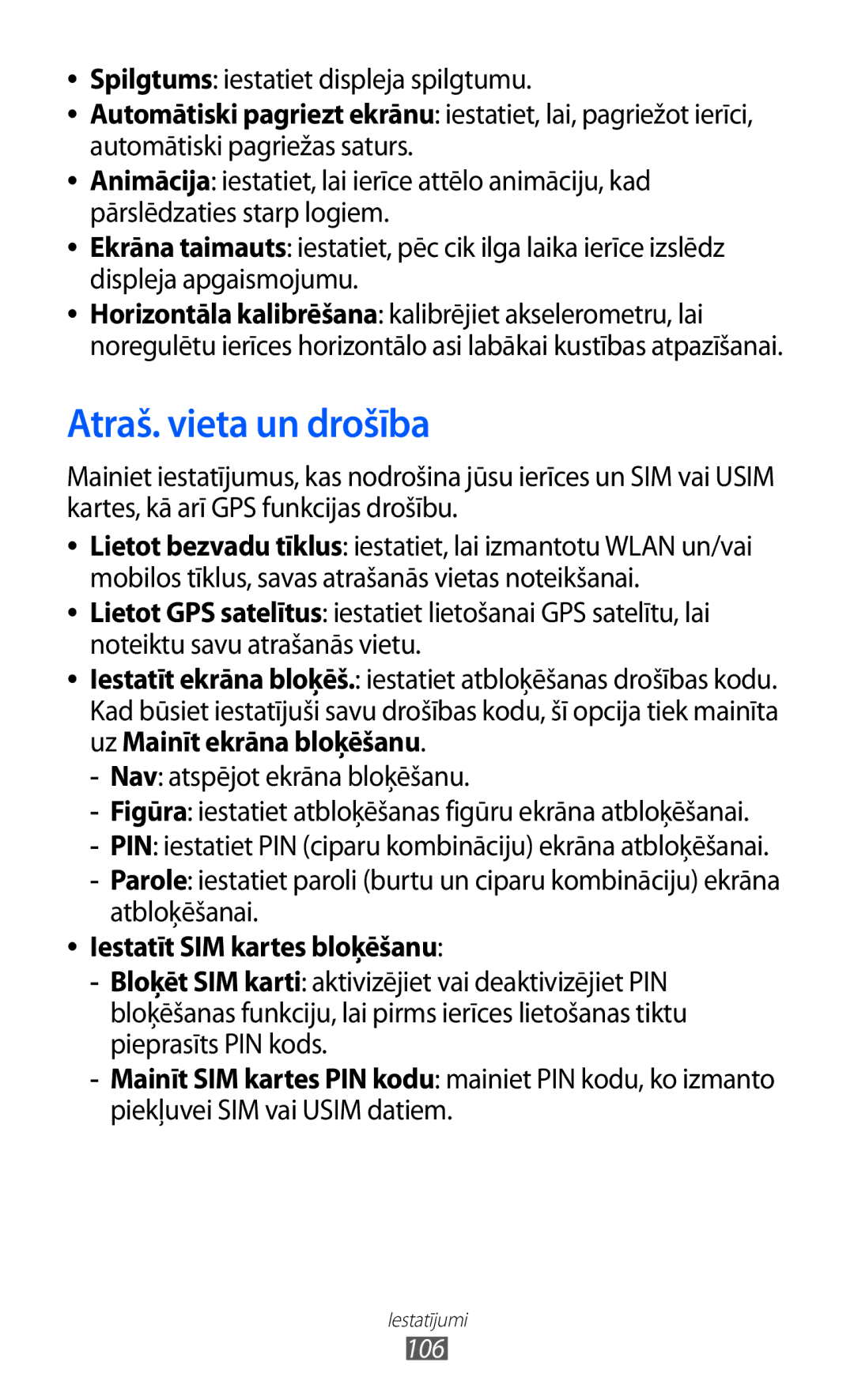 Samsung GT-S5570AAISEB Atraš. vieta un drošība, Spilgtums iestatiet displeja spilgtumu, Iestatīt SIM kartes bloķēšanu, 106 