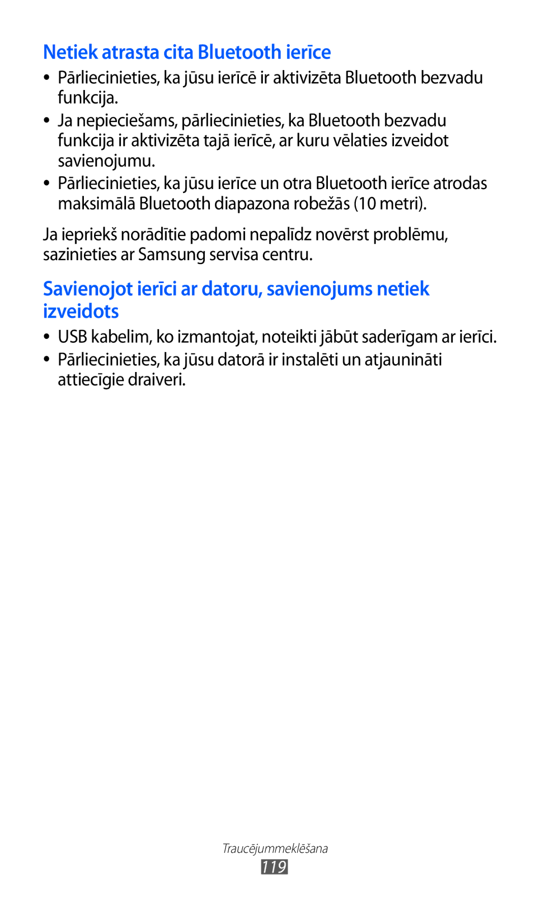 Samsung GT-S5570EGISEB, GT-S5570CWISEB, GT-S5570AAISEB manual Netiek atrasta cita Bluetooth ierīce, 119 