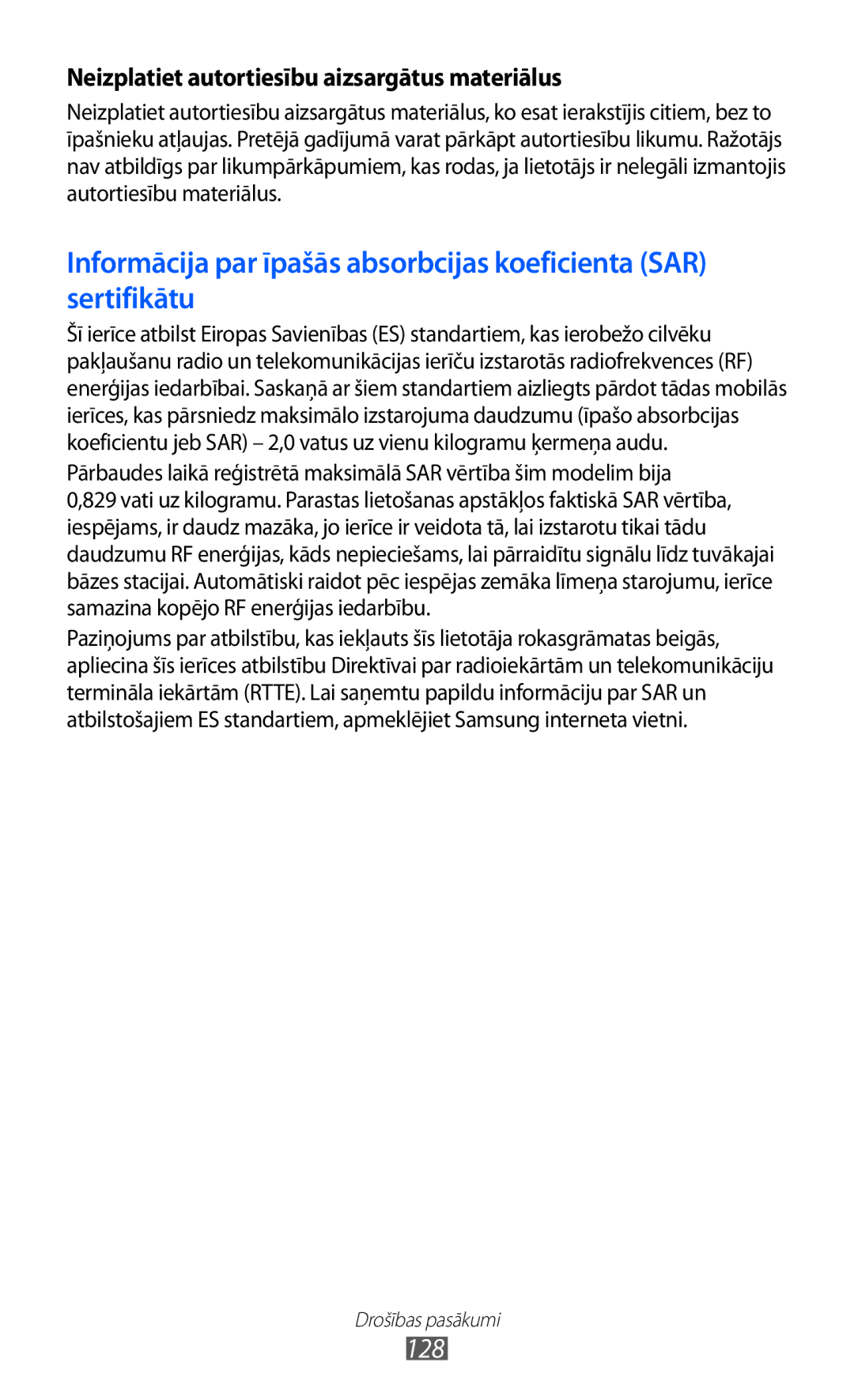 Samsung GT-S5570EGISEB, GT-S5570CWISEB, GT-S5570AAISEB manual 128, Neizplatiet autortiesību aizsargātus materiālus 