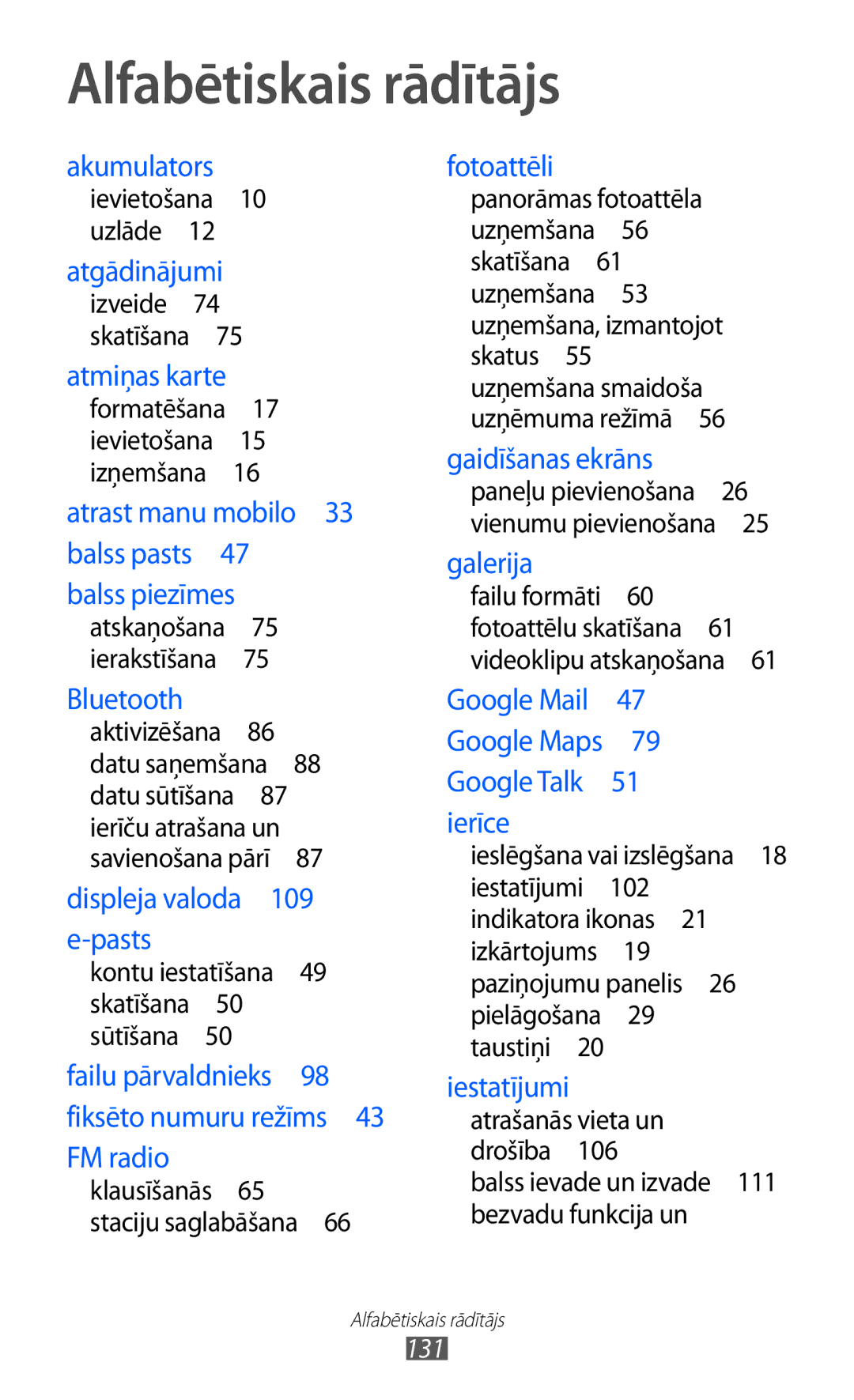 Samsung GT-S5570EGISEB, GT-S5570CWISEB, GT-S5570AAISEB manual Alfabētiskais rādītājs, 131 