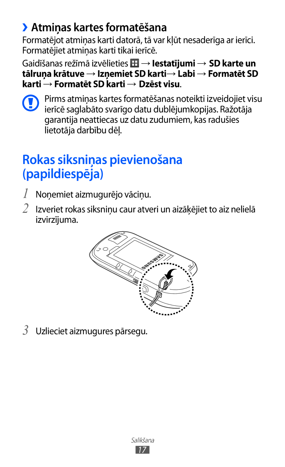 Samsung GT-S5570EGISEB, GT-S5570CWISEB manual ››Atmiņas kartes formatēšana, Rokas siksniņas pievienošana papildiespēja 