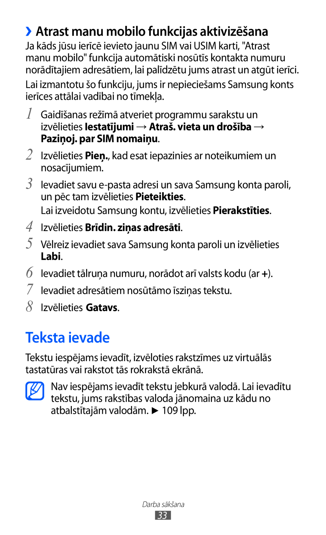 Samsung GT-S5570CWISEB Teksta ievade, ››Atrast manu mobilo funkcijas aktivizēšana, Izvēlieties Brīdin. ziņas adresāti 