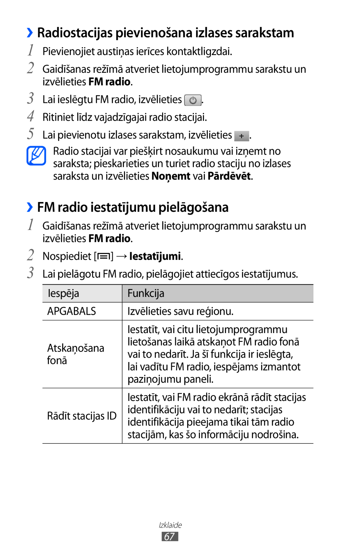 Samsung GT-S5570AAISEB, GT-S5570CWISEB, GT-S5570EGISEB manual ››FM radio iestatījumu pielāgošana 