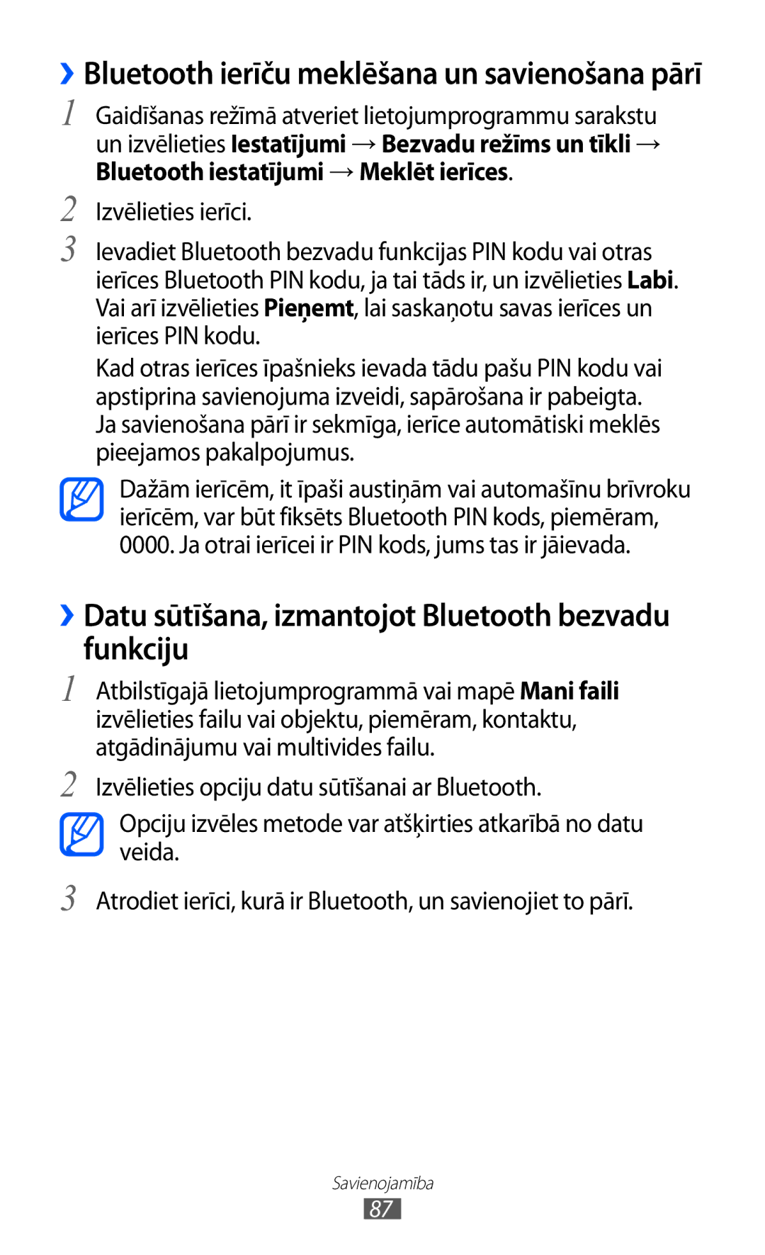 Samsung GT-S5570CWISEB, GT-S5570AAISEB, GT-S5570EGISEB manual ››Datu sūtīšana, izmantojot Bluetooth bezvadu funkciju 