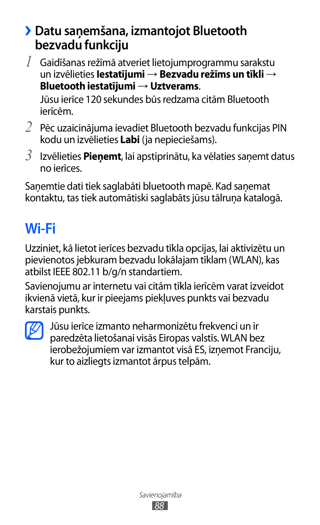 Samsung GT-S5570AAISEB, GT-S5570CWISEB, GT-S5570EGISEB manual Wi-Fi, ››Datu saņemšana, izmantojot Bluetooth bezvadu funkciju 