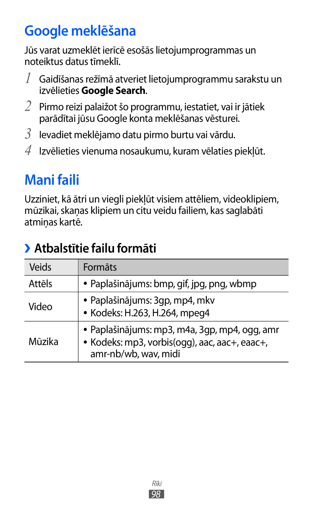 Samsung GT-S5570EGISEB, GT-S5570CWISEB, GT-S5570AAISEB manual Google meklēšana, Mani faili, Amr-nb/wb, wav, midi 