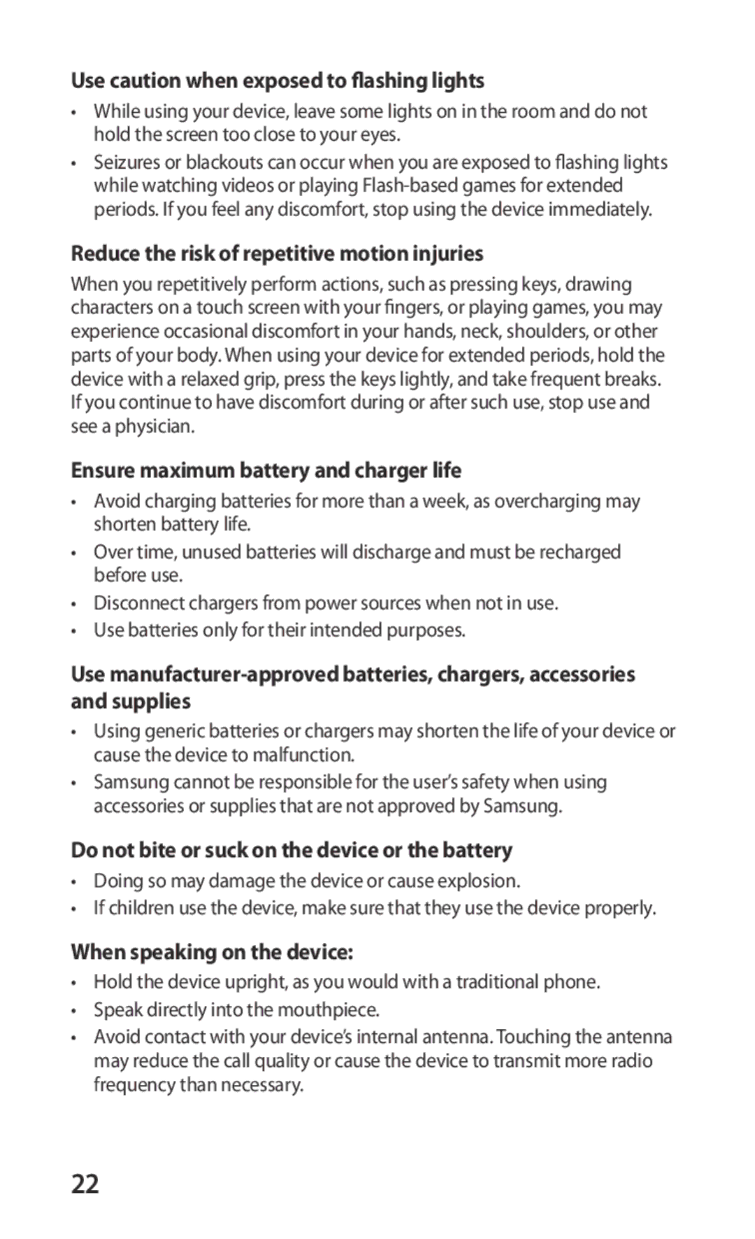 Samsung GT-S5570AAINRJ manual Use caution when exposed to flashing lights, Reduce the risk of repetitive motion injuries 