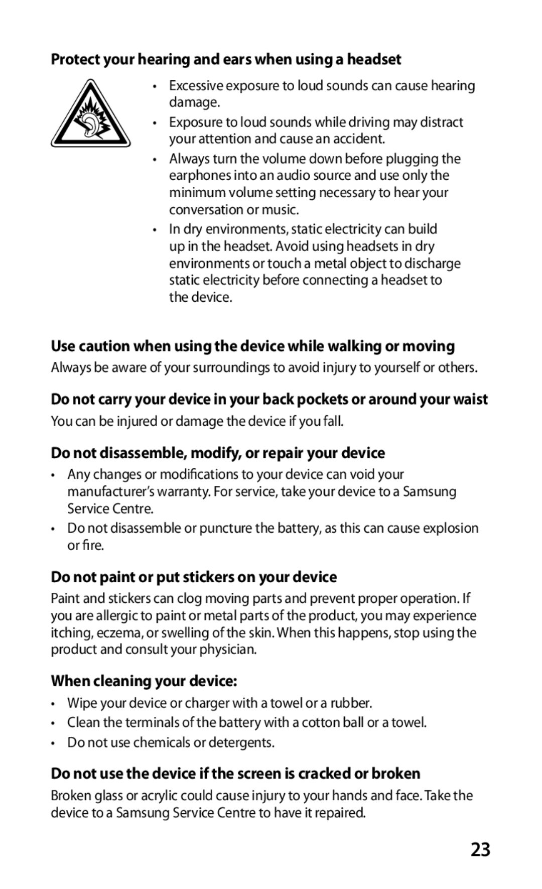 Samsung GT-S5570AAIBOG Protect your hearing and ears when using a headset, Do not paint or put stickers on your device 