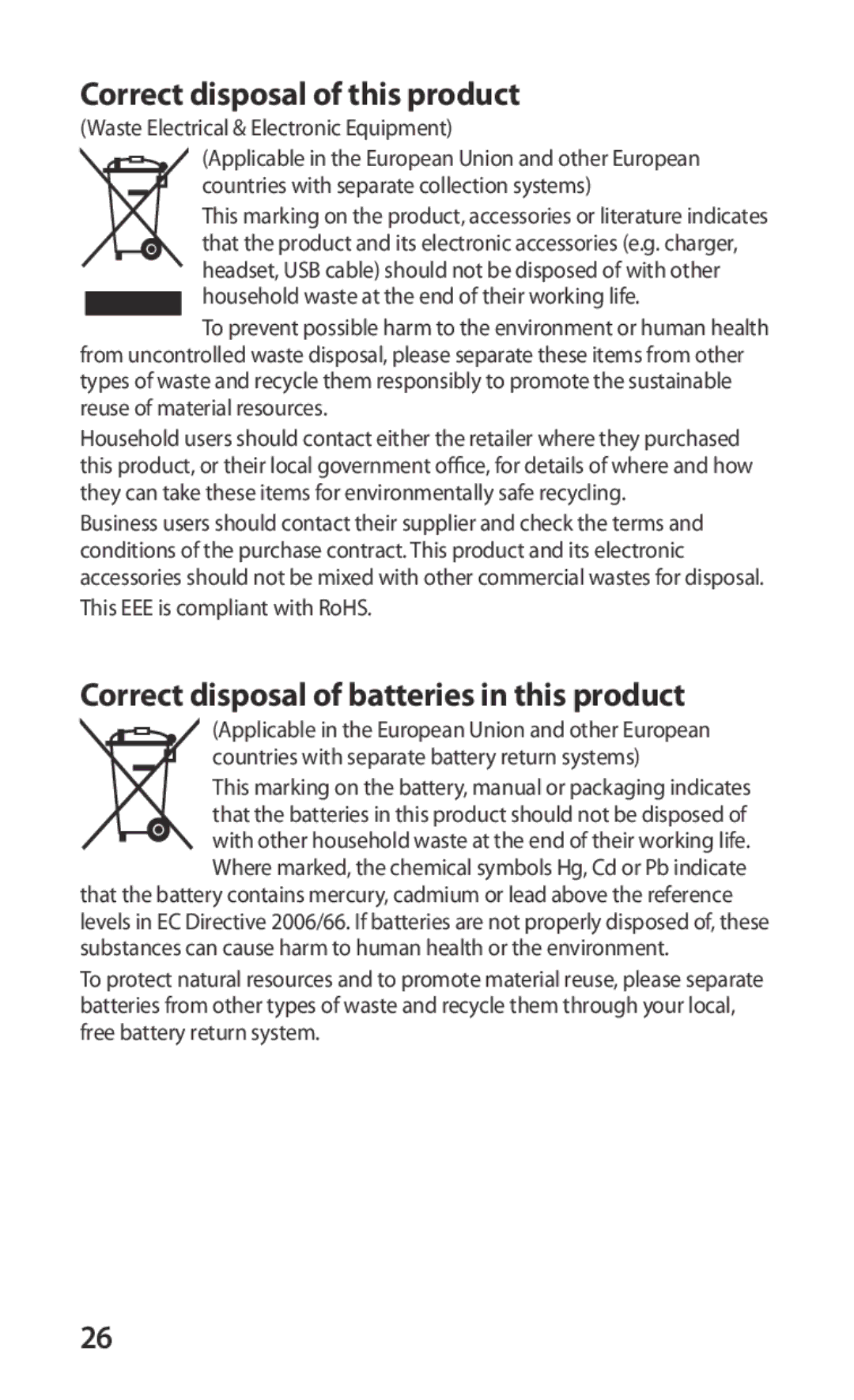 Samsung GT-S5570AAILPM, GT-S5570CWITMN, GT-S5570EGIITV, GT-S5570AAITMN, GT-S5570AAIMBC manual Correct disposal of this product 