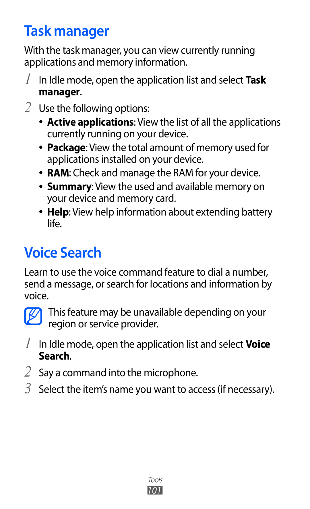 Samsung GT2S5570EGIVDC, GT-S5570CWITMN, GT-S5570EGIITV, GT-S5570AAITMN, GT-S5570AAIMBC manual Task manager, Voice Search 