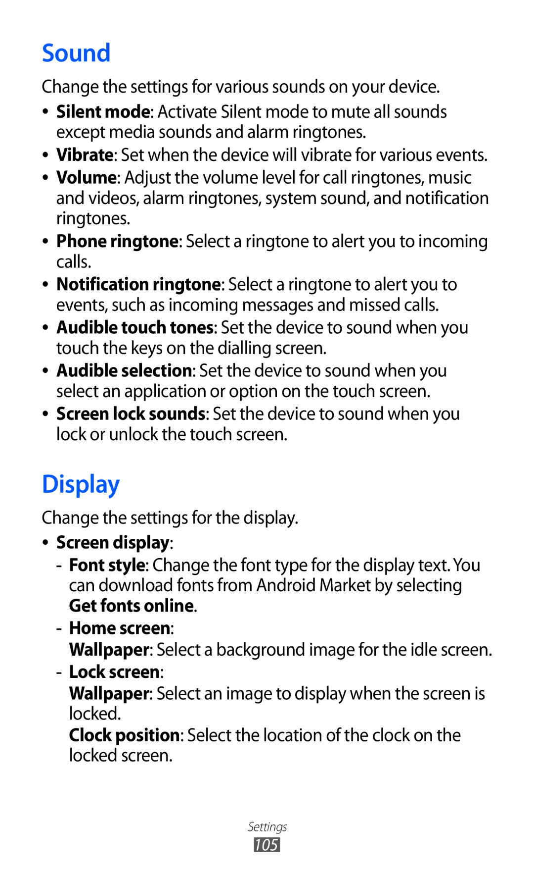 Samsung GT-S5570CWISEB, GT-S5570CWITMN, GT-S5570EGIITV manual Sound, Display, Screen display, Home screen, Lock screen 