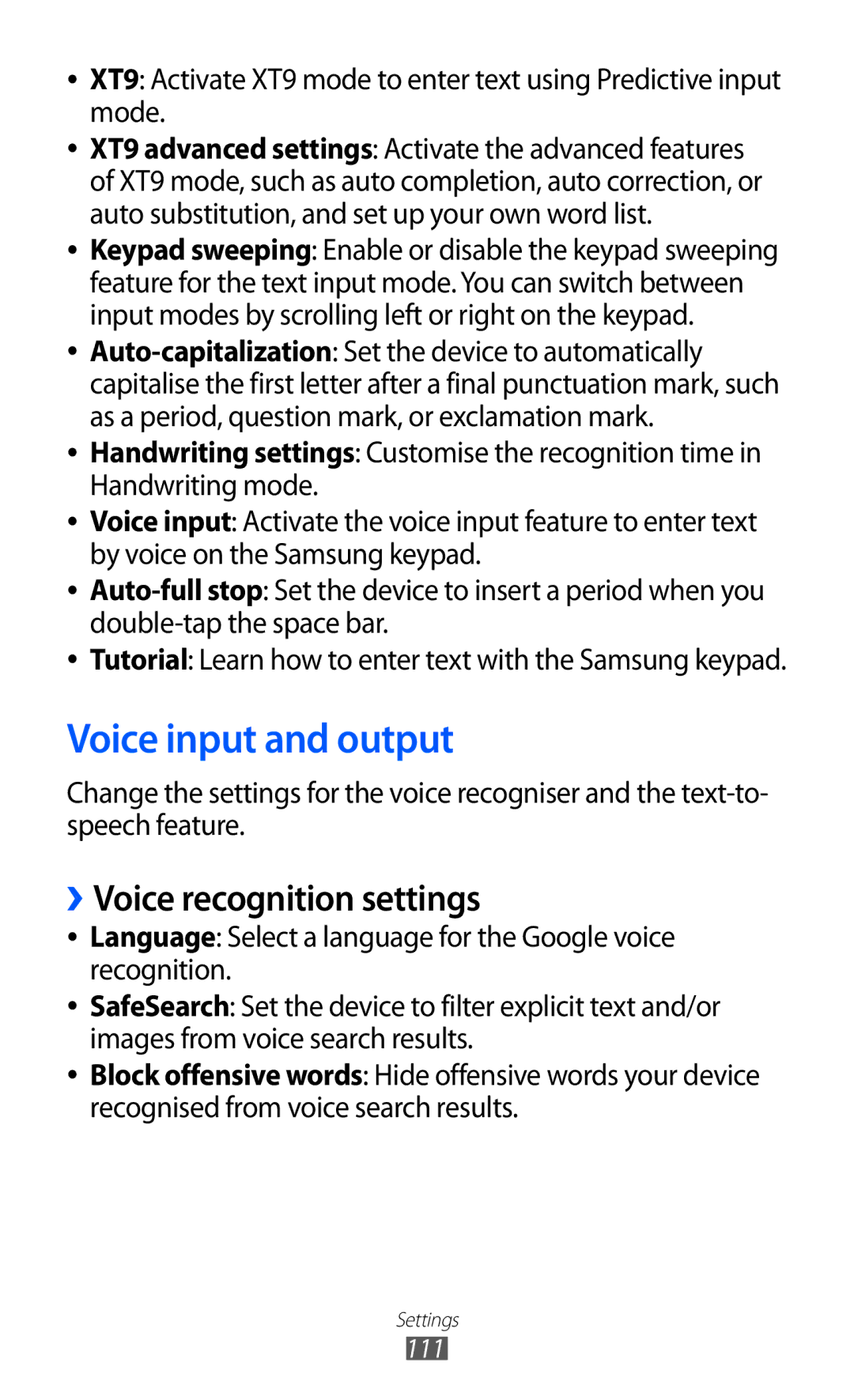 Samsung GT-S5570MOISER, GT-S5570CWITMN, GT-S5570EGIITV, GT-S5570AAITMN Voice input and output, ››Voice recognition settings 