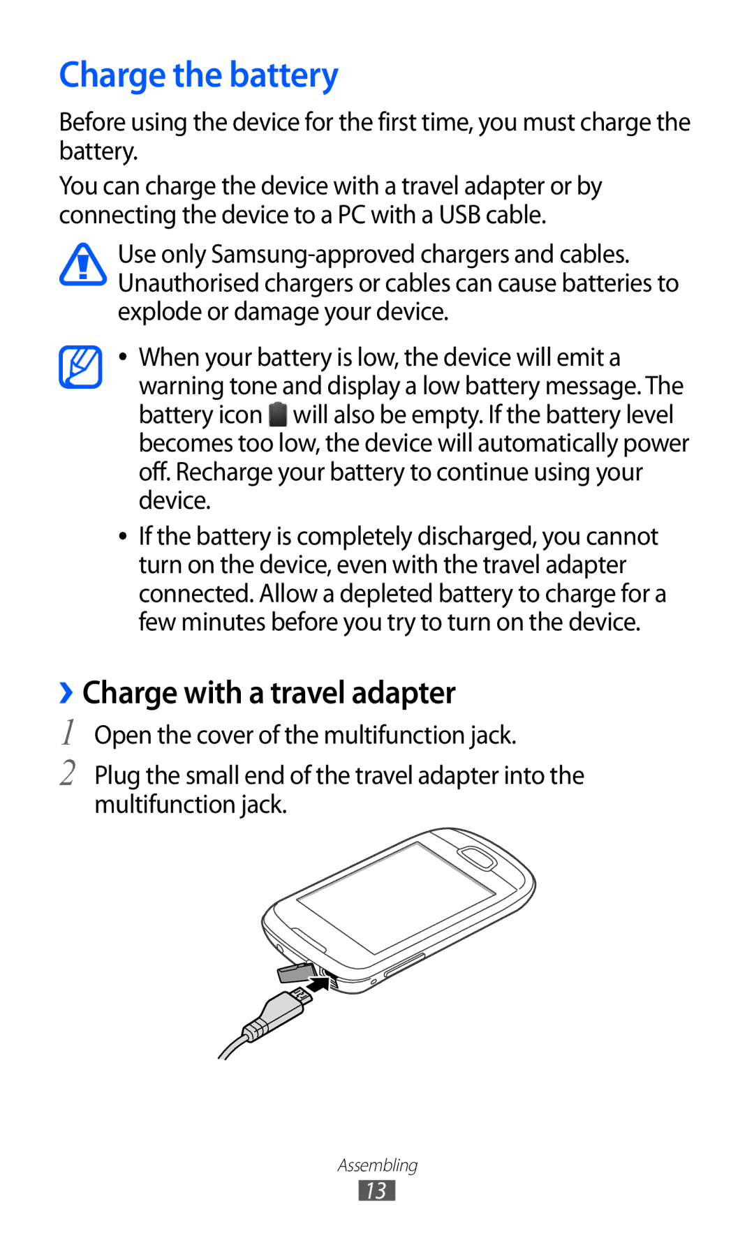 Samsung GT-S5570AAITPH, GT-S5570CWITMN, GT-S5570EGIITV, GT-S5570AAITMN Charge the battery, ››Charge with a travel adapter 