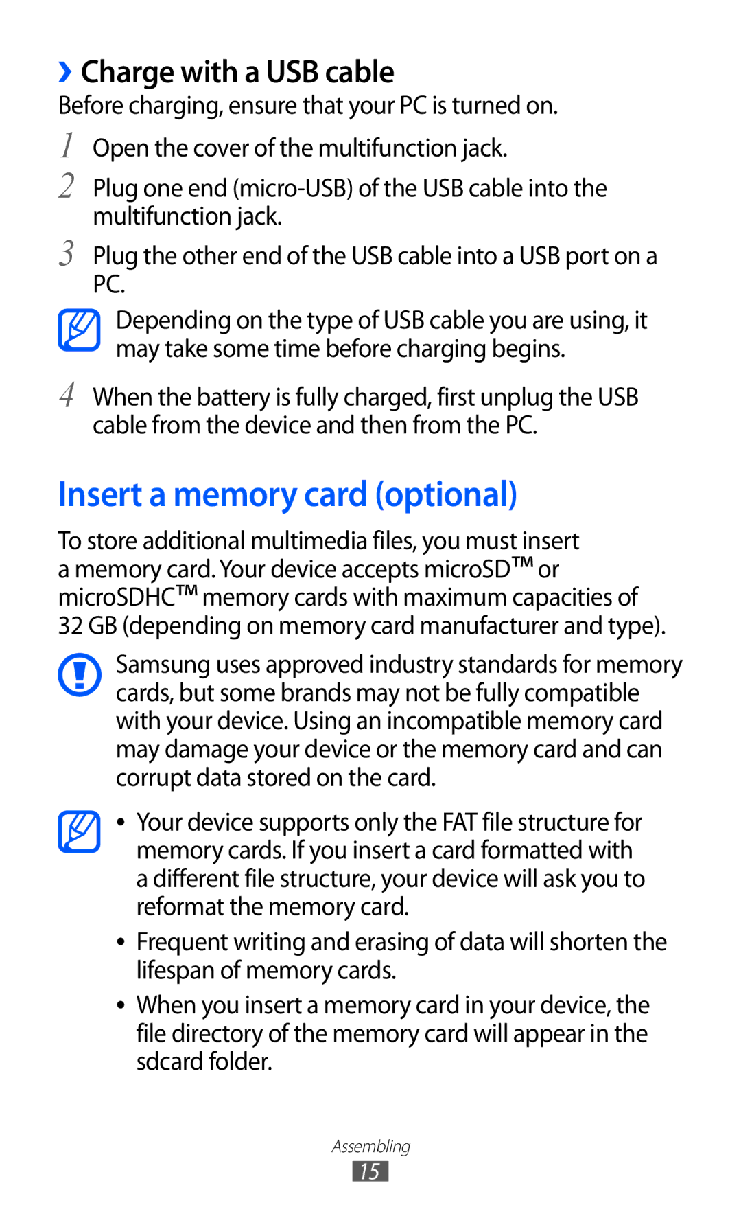 Samsung GT-S5570AAIDTR, GT-S5570CWITMN, GT-S5570EGIITV manual Insert a memory card optional, ››Charge with a USB cable 