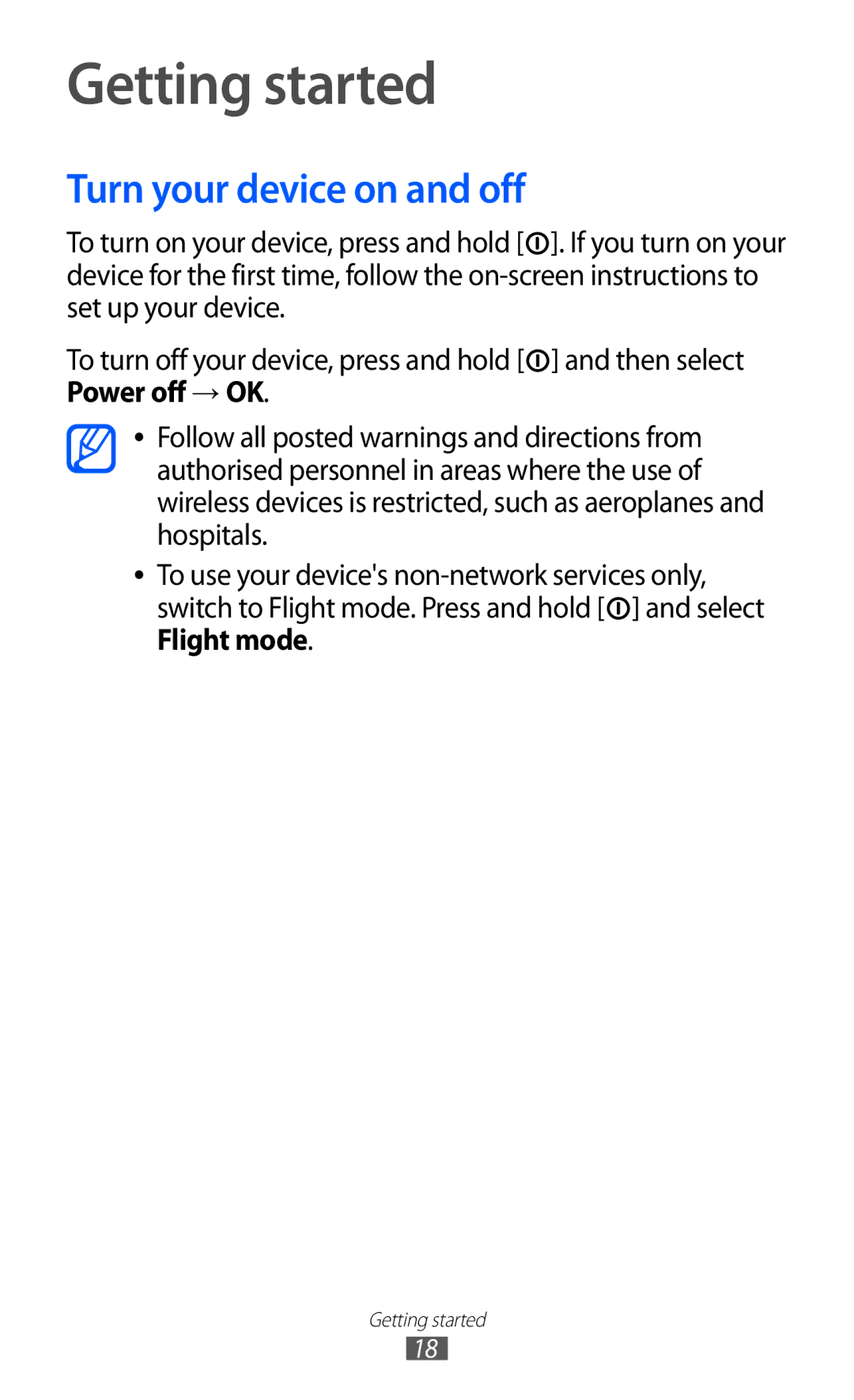 Samsung GT-S5570AAITUR, GT-S5570CWITMN, GT-S5570EGIITV, GT-S5570AAITMN manual Getting started, Turn your device on and off 