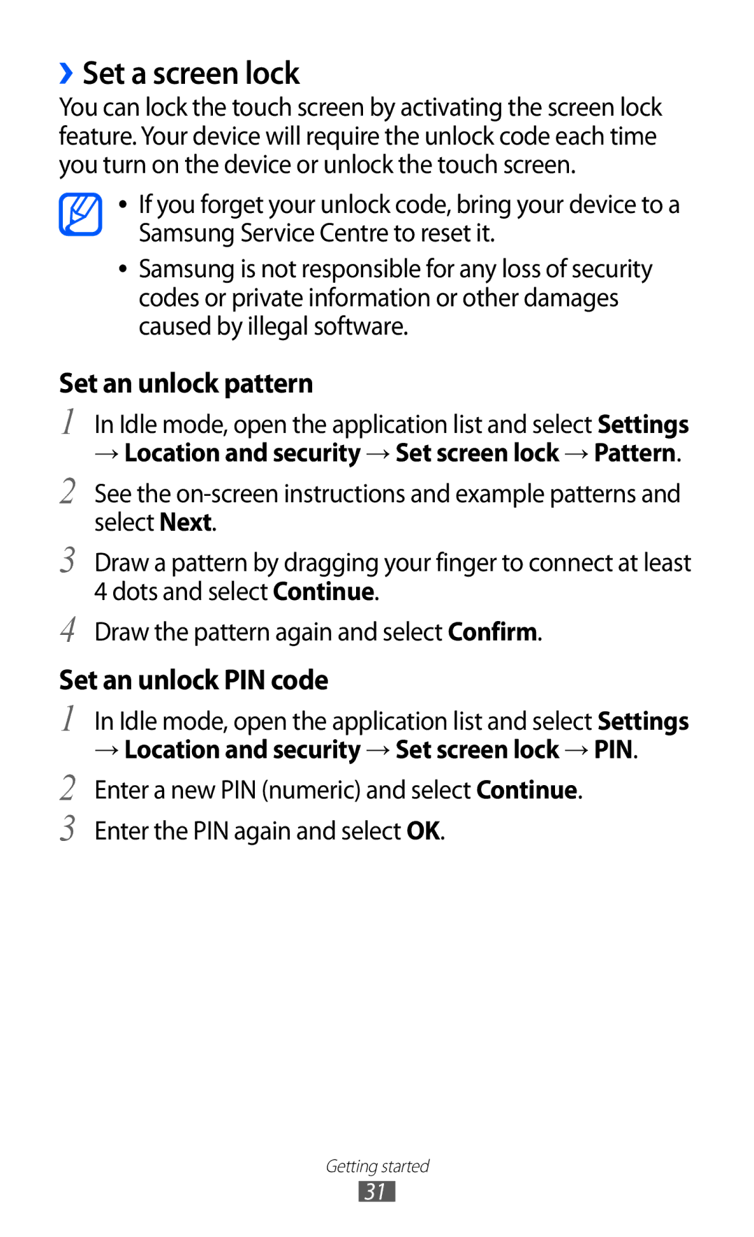 Samsung GT-S5570MOIITV, GT-S5570CWITMN manual ››Set a screen lock, → Location and security → Set screen lock → Pattern 