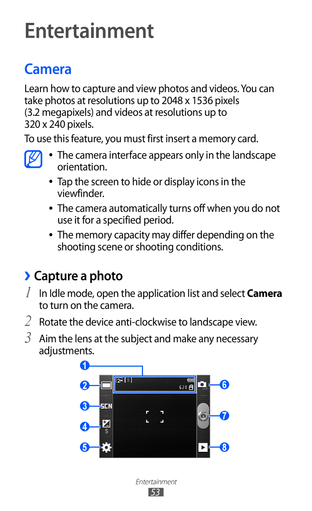 Samsung GT-S5570AAIXEC, GT-S5570CWITMN, GT-S5570EGIITV, GT-S5570AAITMN manual Entertainment, Camera, ››Capture a photo 