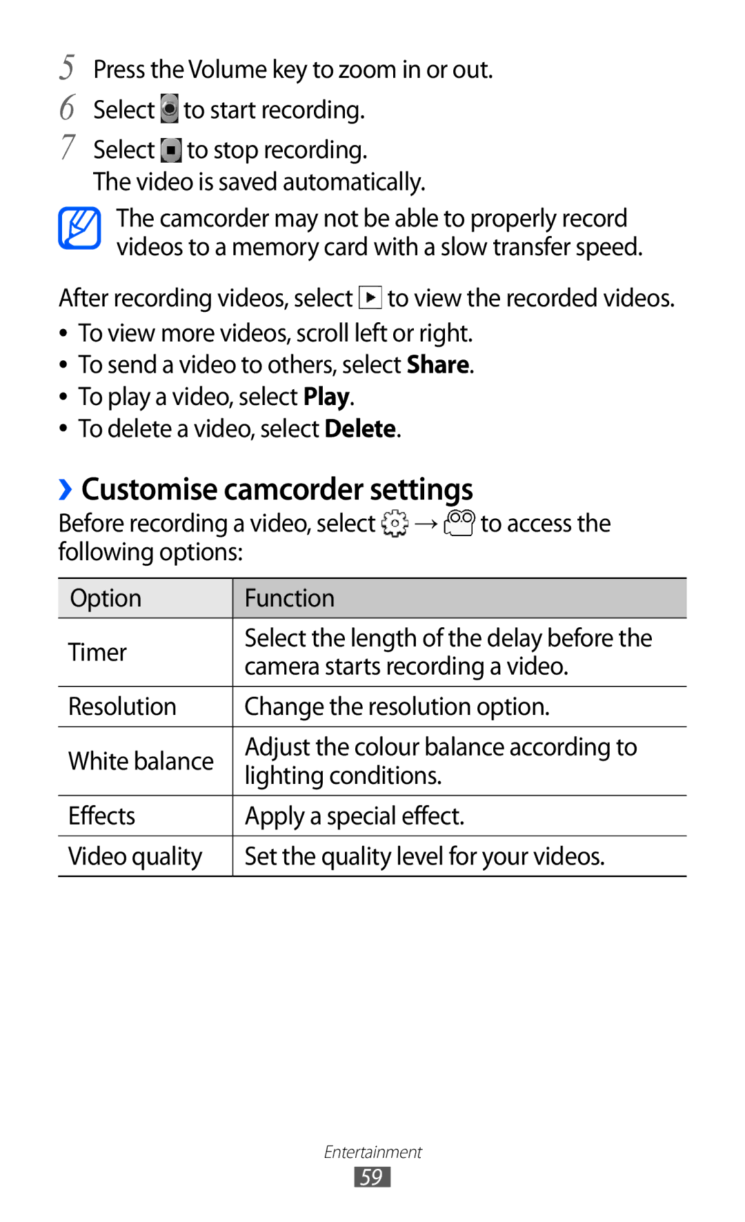 Samsung GT-S5570EGIAMN, GT-S5570CWITMN, GT-S5570EGIITV, GT-S5570AAITMN, GT-S5570AAIMBC manual Customise camcorder settings 