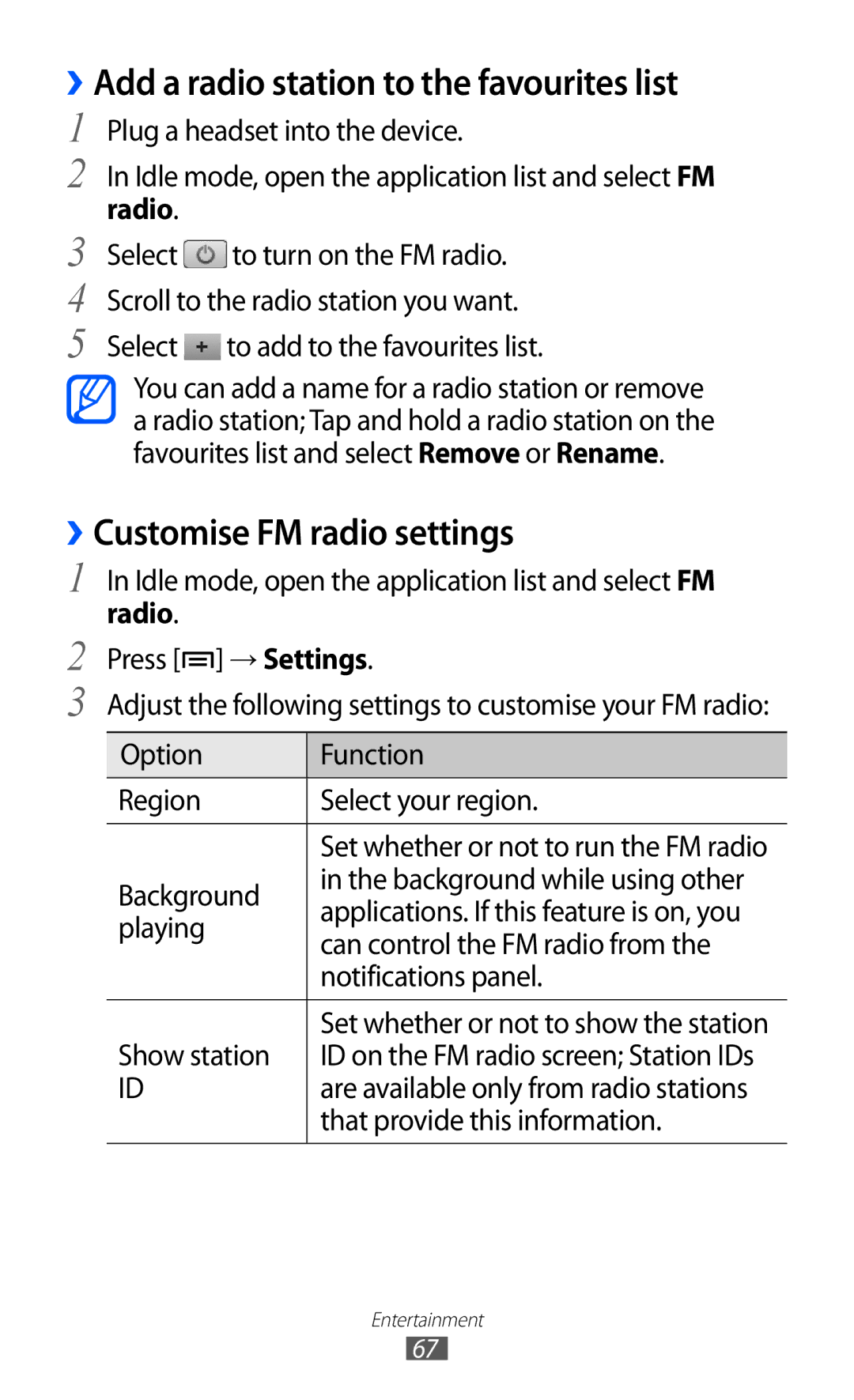 Samsung GT-S5570MAIFOP, GT-S5570CWITMN ››Add a radio station to the favourites list, ››Customise FM radio settings, Radio 