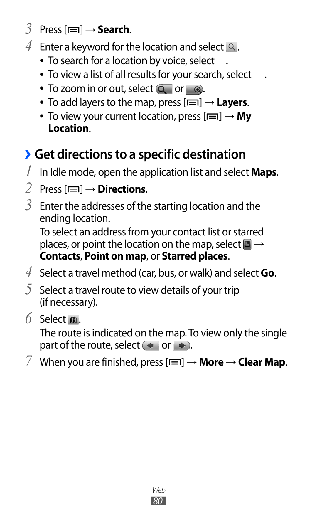 Samsung GT2S5570EGIXEZ, GT-S5570CWITMN, GT-S5570EGIITV manual ››Get directions to a specific destination, Press → Search 