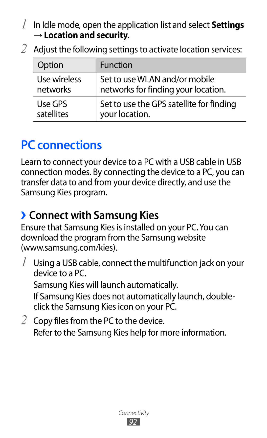 Samsung GT-S5570MOIXSK PC connections, ››Connect with Samsung Kies, → Location and security, Satellites Your location 