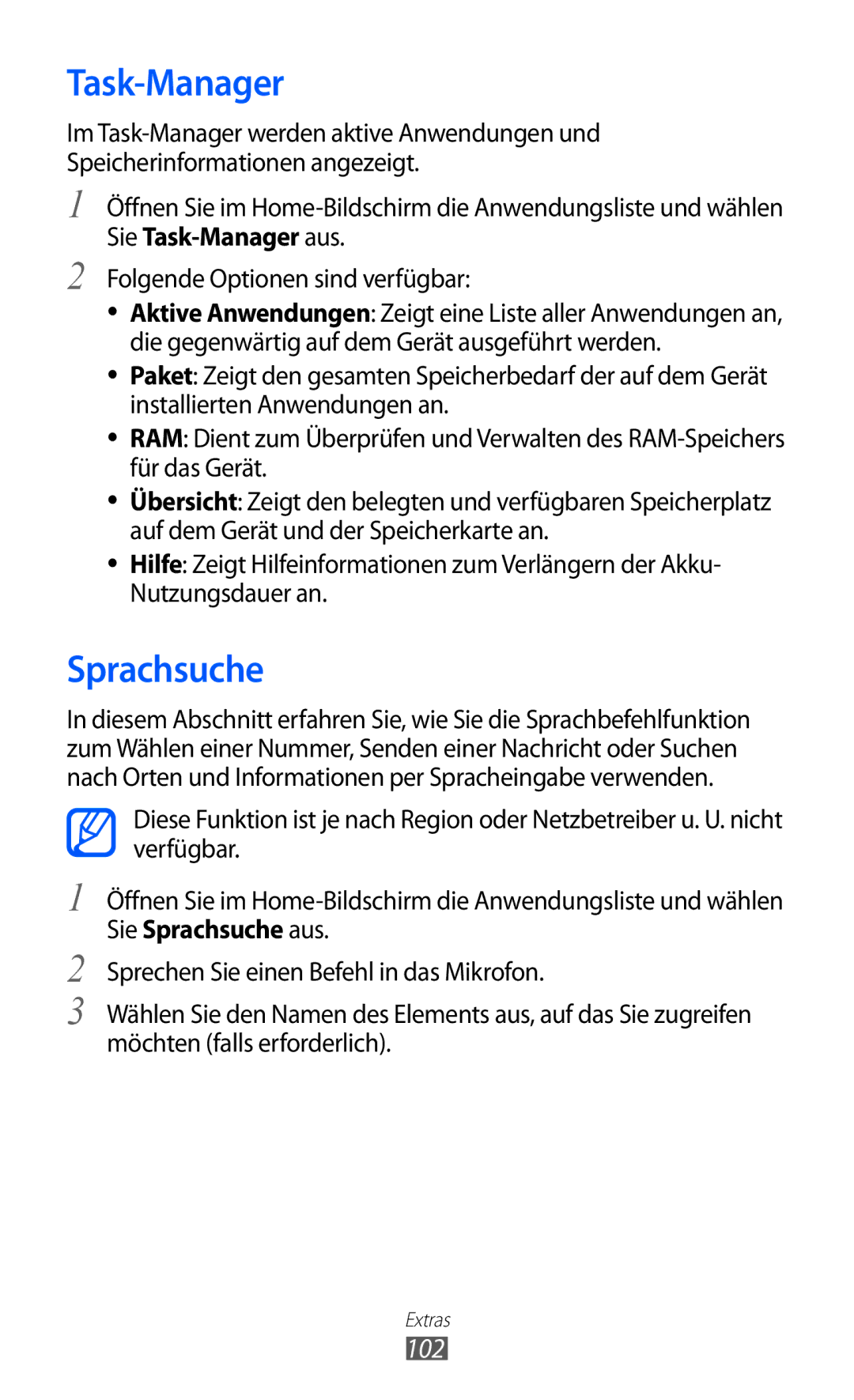 Samsung GT-S5570AAITMN, GT-S5570CWITMN, GT-S5570EGIITV, GT-S5570AAIMBC, GT-S5570EGIDTR manual Task-Manager, Sprachsuche, 102 