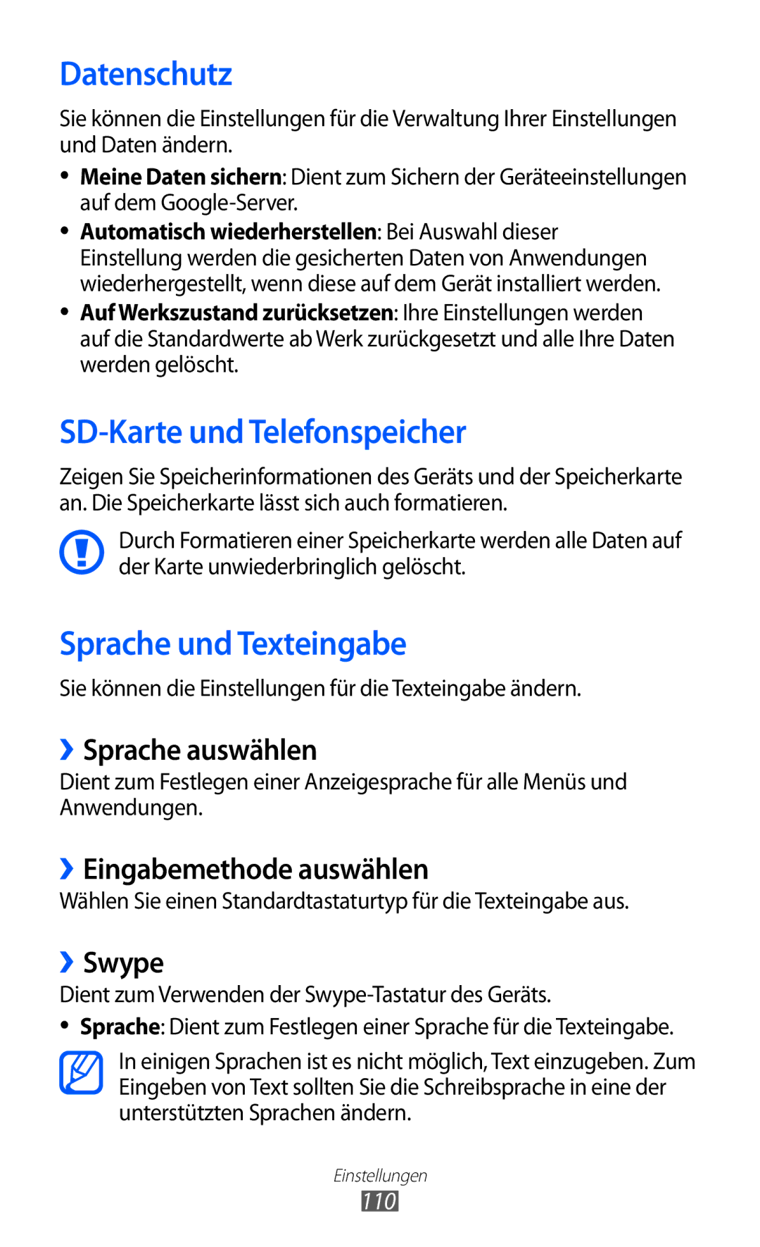 Samsung GT-S5570CWIITV, GT-S5570CWITMN, GT-S5570EGIITV Datenschutz, SD-Karte und Telefonspeicher, Sprache und Texteingabe 