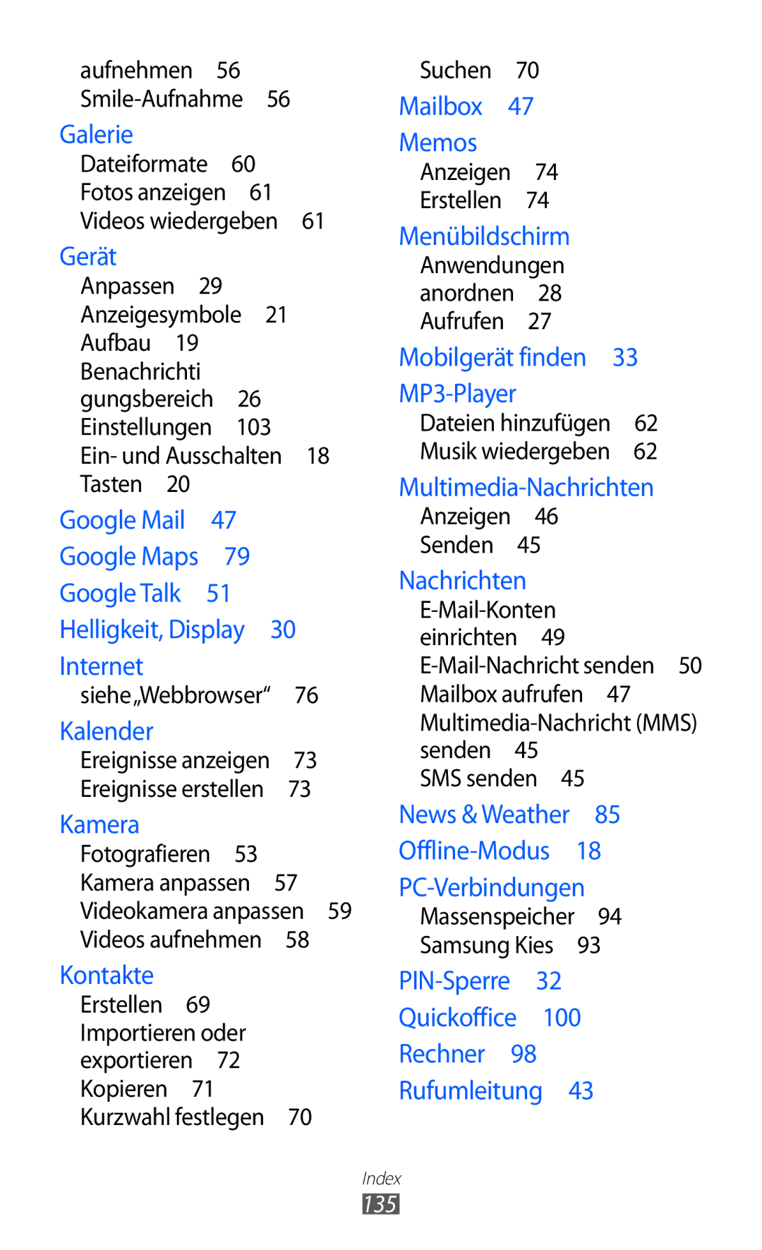 Samsung GT-S5570AAIDTR, GT-S5570CWITMN, GT-S5570EGIITV, GT-S5570AAITMN, GT-S5570AAIMBC, GT-S5570EGIDTR manual Gerät, 135 