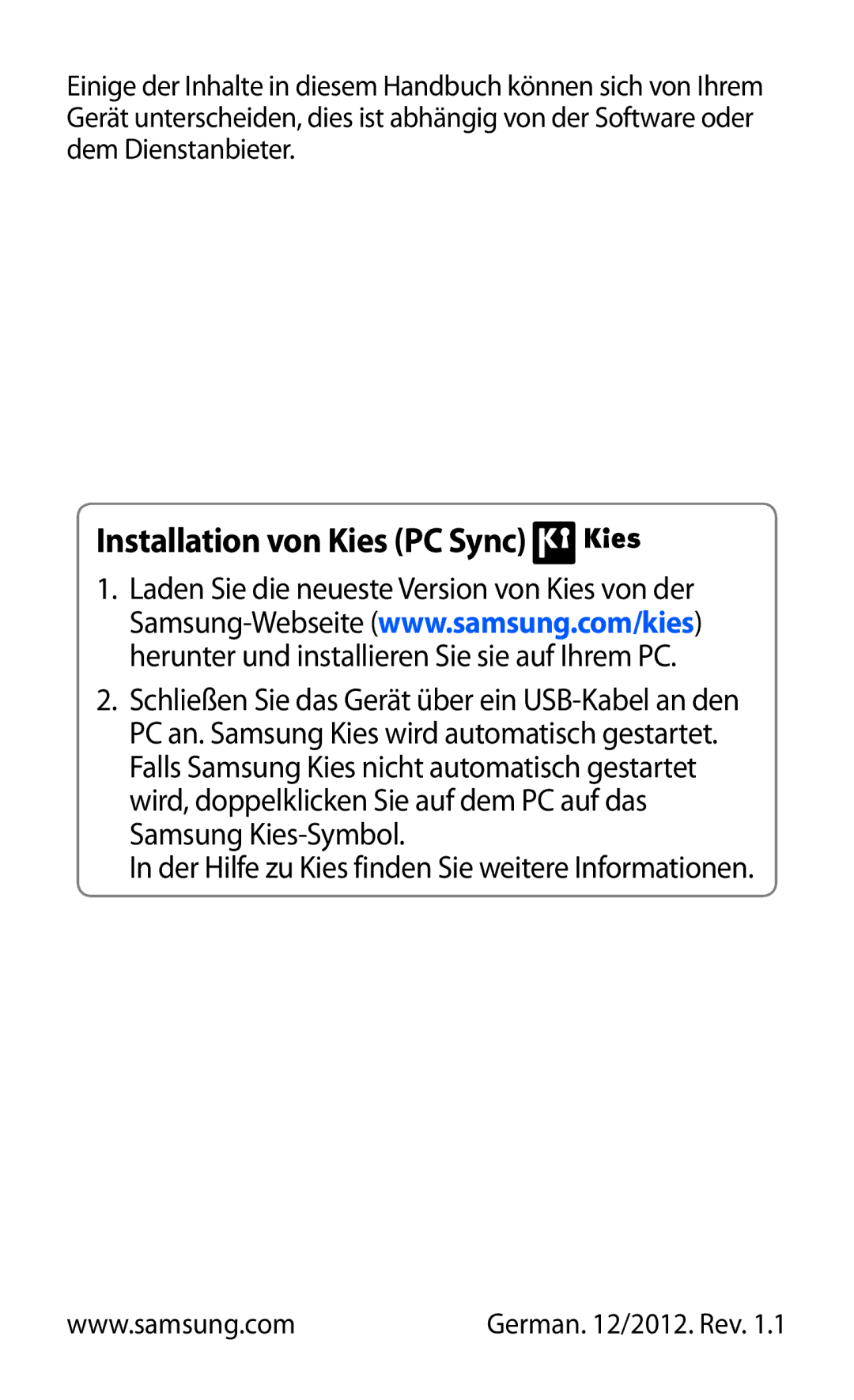 Samsung GT-S5570EGIDBT, GT-S5570CWITMN, GT-S5570EGIITV, GT-S5570AAITMN, GT-S5570AAIMBC manual Installation von Kies PC Sync 