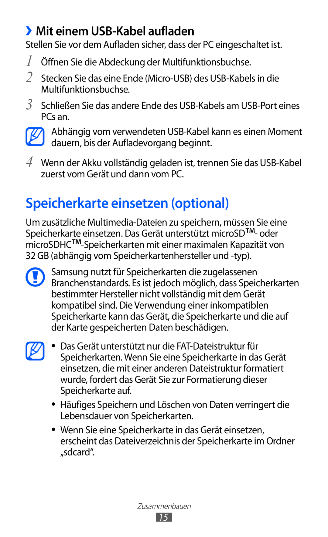 Samsung GT-S5570AAIDTR, GT-S5570CWITMN, GT-S5570EGIITV Speicherkarte einsetzen optional, ››Mit einem USB-Kabel aufladen 