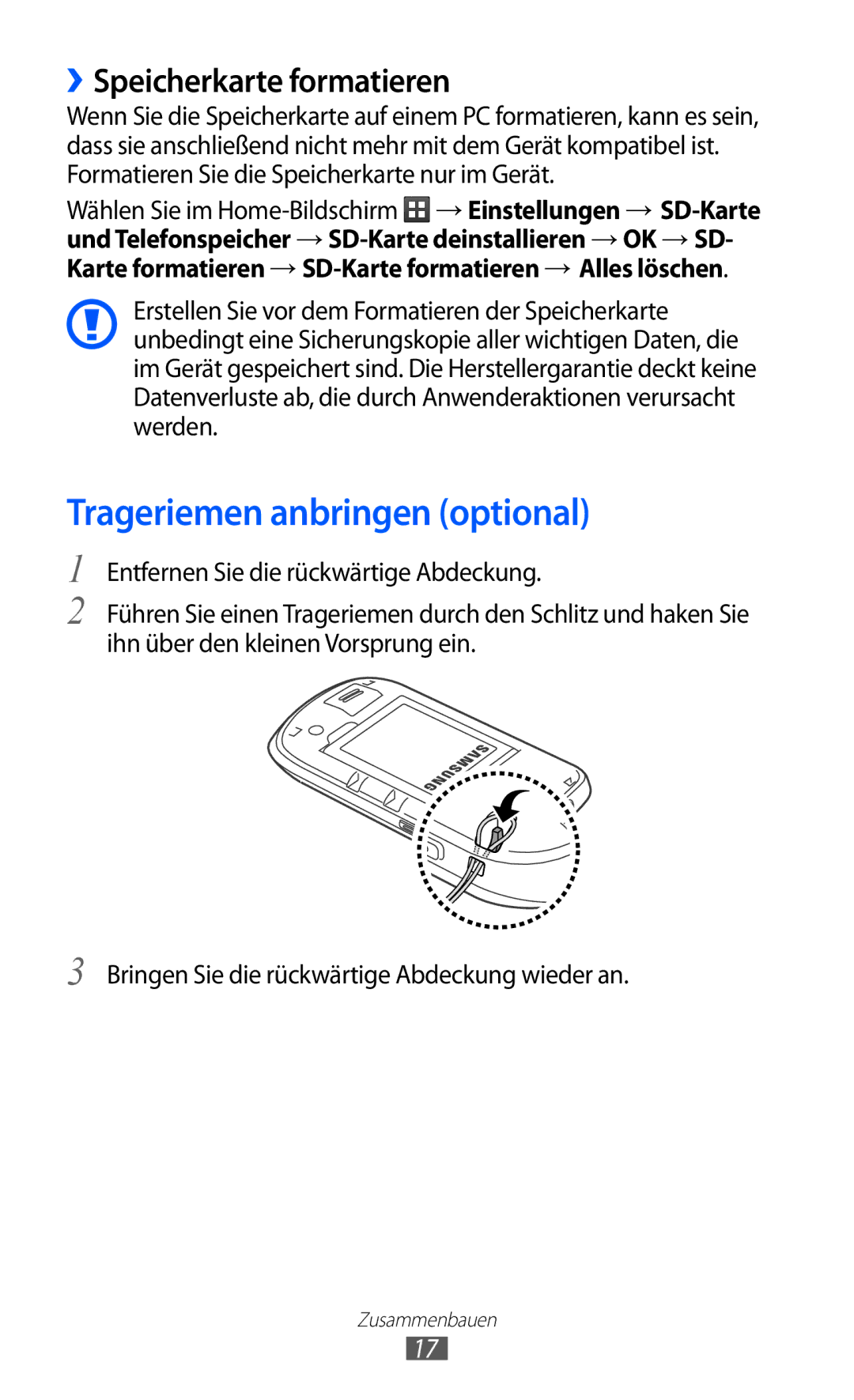 Samsung GT-S5570EGIDBT, GT-S5570CWITMN, GT-S5570EGIITV manual Trageriemen anbringen optional, ››Speicherkarte formatieren 