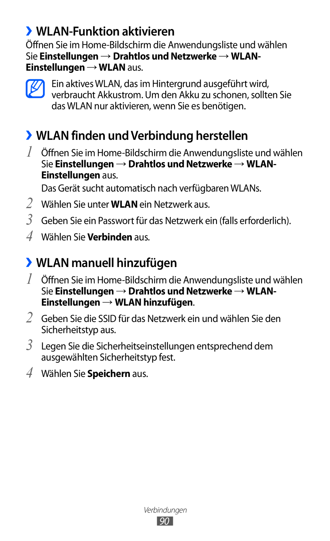 Samsung GT-S5570CWIITV ››WLAN-Funktion aktivieren, ››WLAN finden und Verbindung herstellen, ››WLAN manuell hinzufügen 