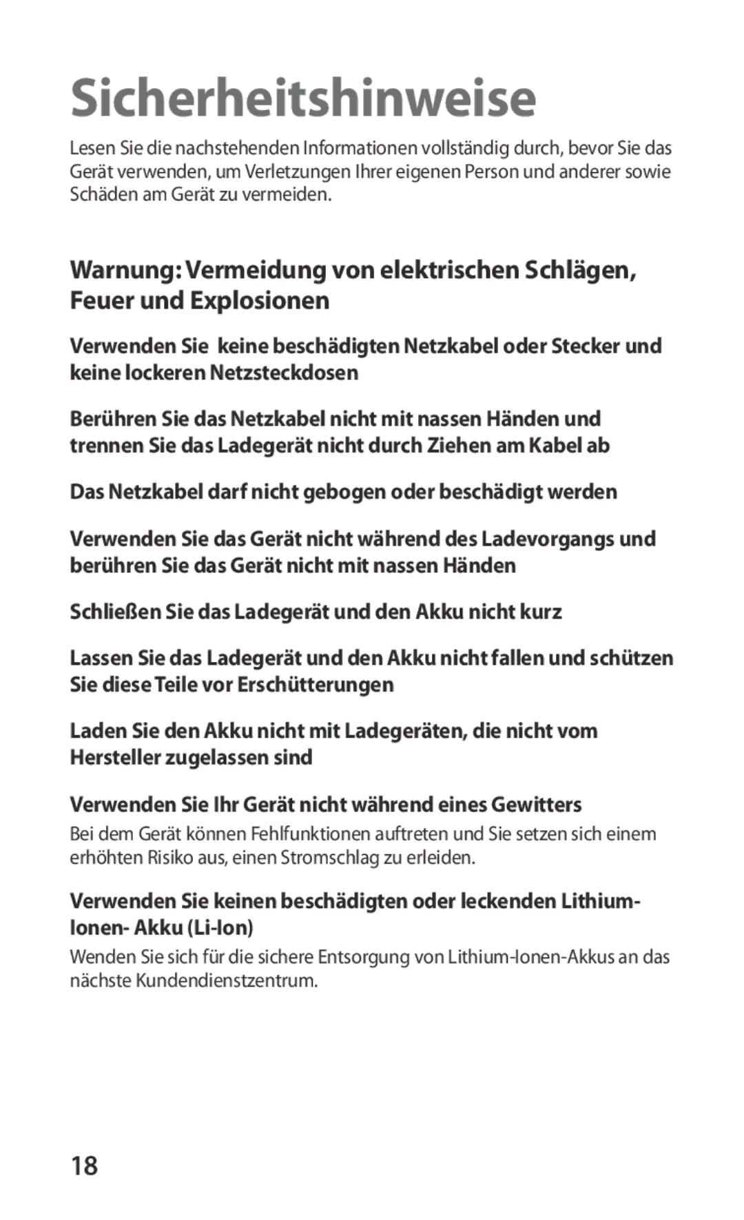 Samsung GT-S5570AAITUR, GT-S5570CWITMN manual Sicherheitshinweise, Das Netzkabel darf nicht gebogen oder beschädigt werden 