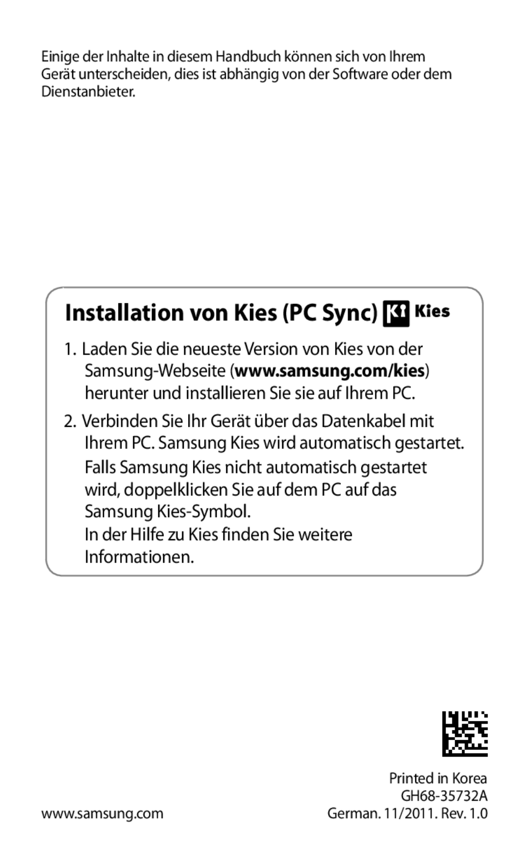 Samsung GT-S5570MOIMBC, GT-S5570CWITMN, GT-S5570EGIITV, GT-S5570AAITMN manual Installation von Kies PC Sync, GH68-35732A 