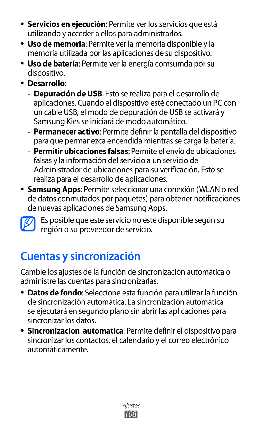 Samsung GT-S5570CWIPHE, GT-S5570CWITMN, GT-S5570MOIATL, GT-S5570MAIATL manual Cuentas y sincronización, Desarrollo, 108 