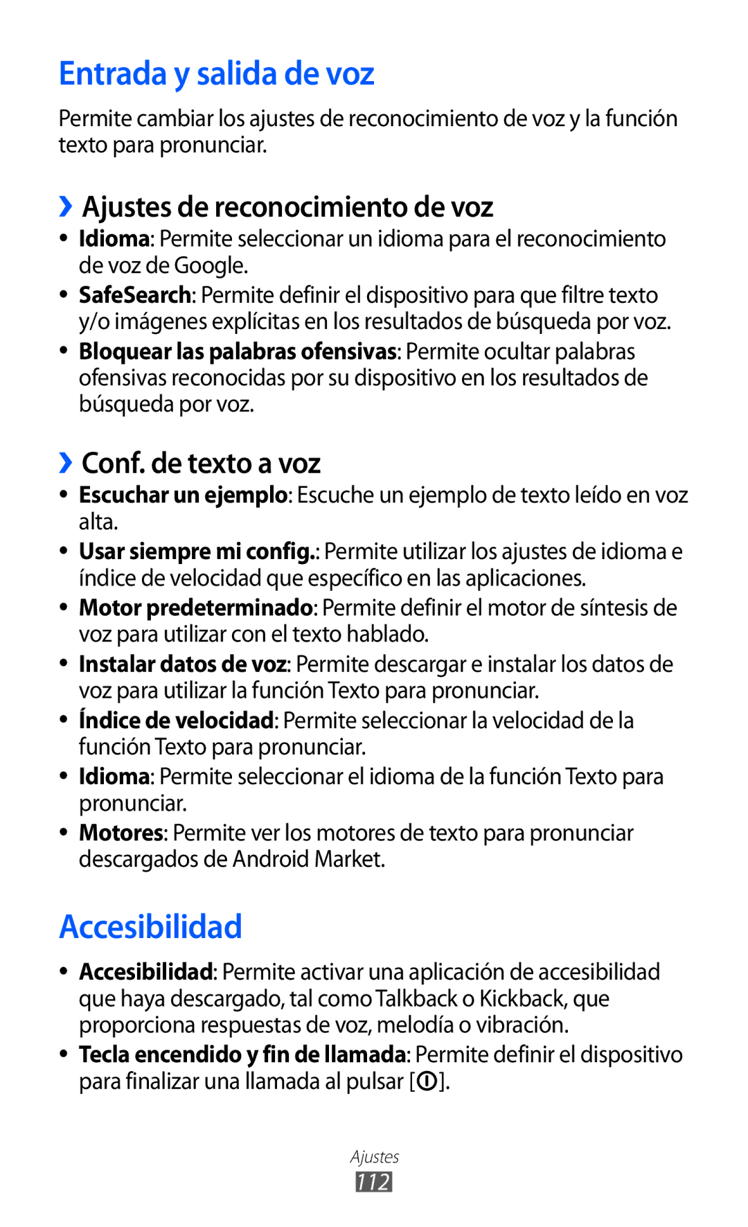 Samsung GT-S5570EGIFOP Entrada y salida de voz, Accesibilidad, ››Ajustes de reconocimiento de voz, ››Conf. de texto a voz 