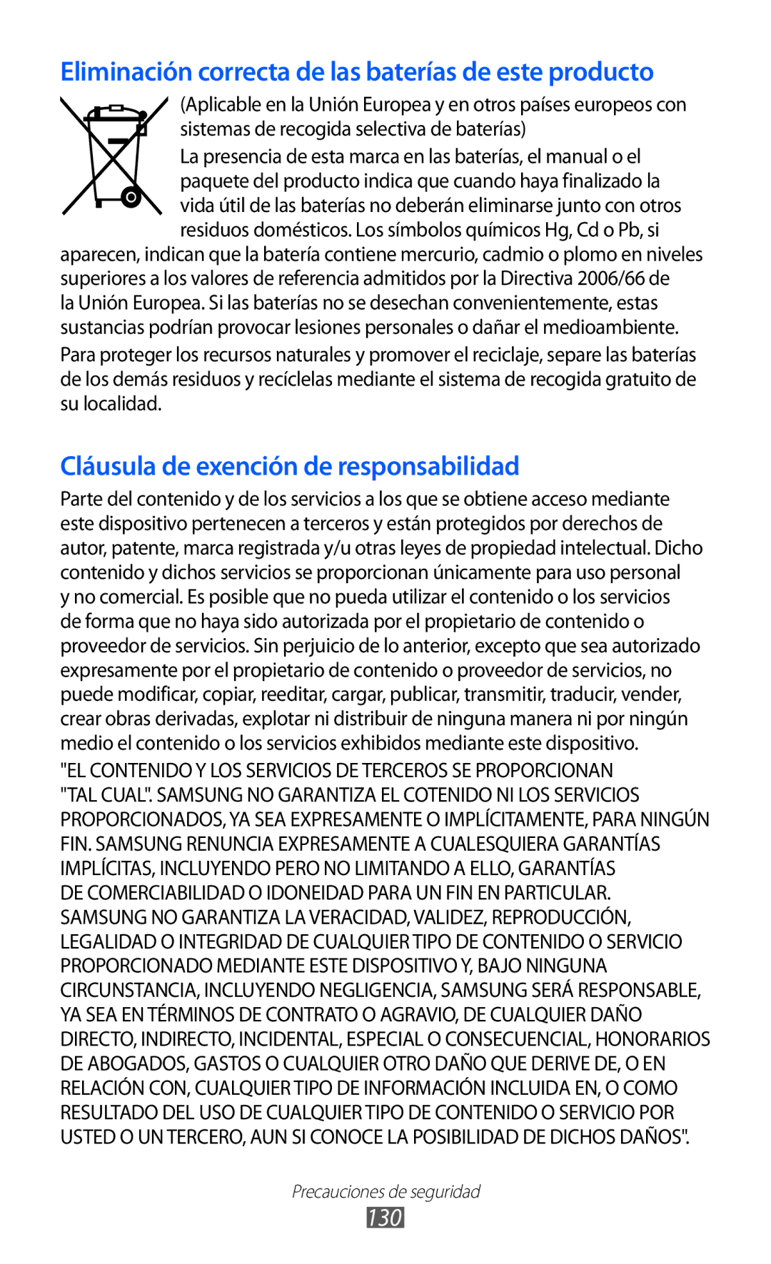 Samsung GT-S5570CWITMN, GT-S5570MOIATL, GT-S5570MAIATL manual Eliminación correcta de las baterías de este producto, 130 