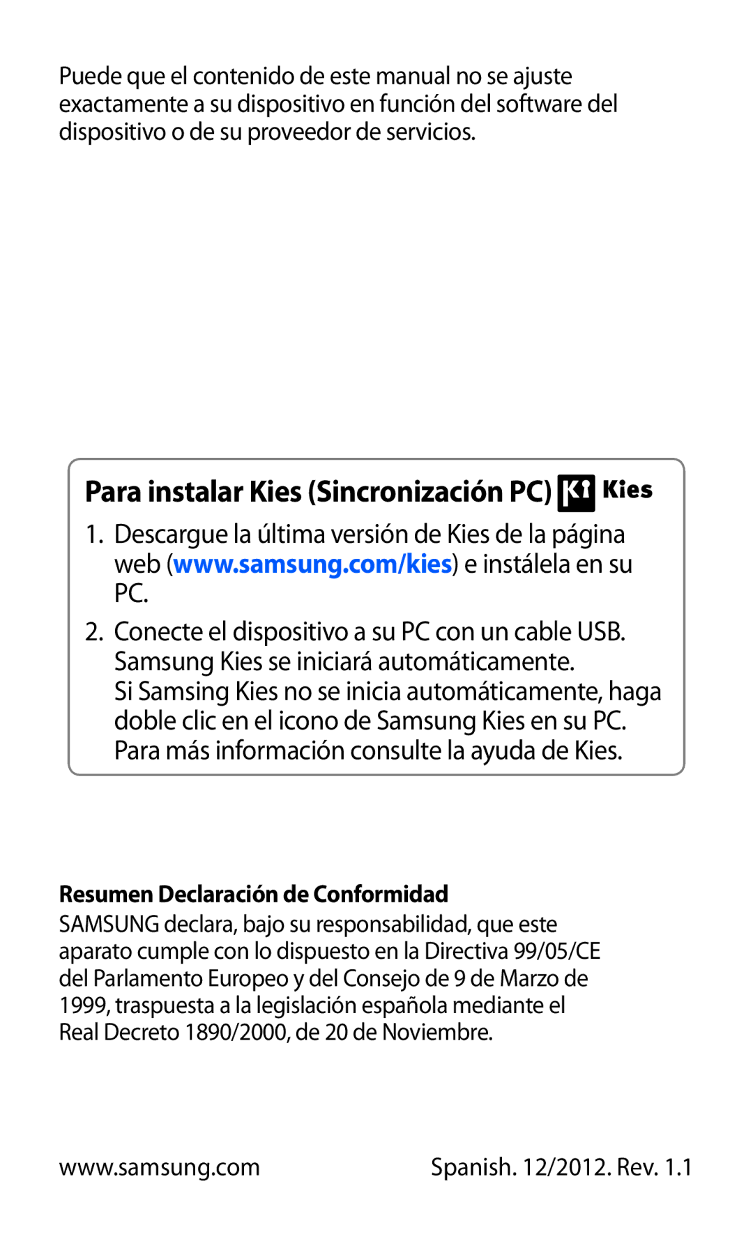 Samsung GT-S5570MAIAMN, GT-S5570CWITMN manual Para instalar Kies Sincronización PC, Resumen Declaración de Conformidad 