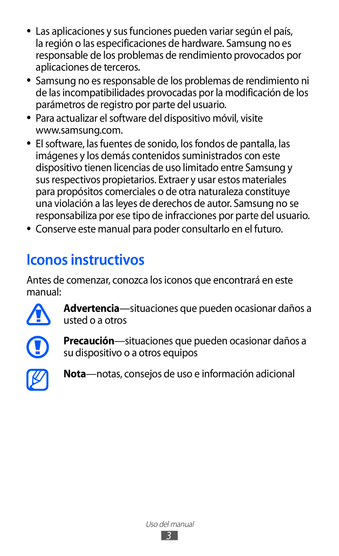 Samsung GT-S5570CWIYOG, GT-S5570CWITMN Iconos instructivos, Conserve este manual para poder consultarlo en el futuro 