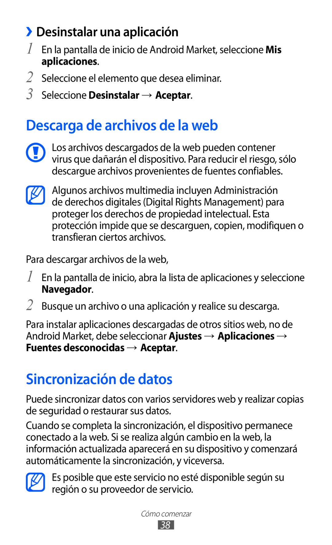 Samsung GT-S5570CWIATL manual Descarga de archivos de la web, Sincronización de datos, ››Desinstalar una aplicación 