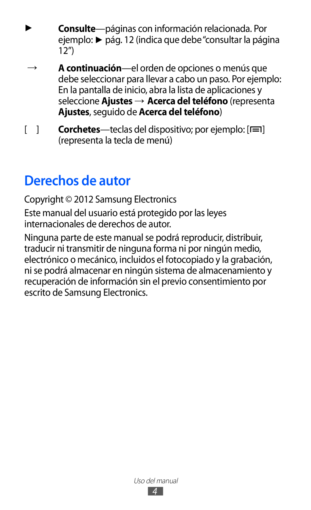 Samsung GT-S5570CWIPHE, GT-S5570CWITMN Derechos de autor, Representa la tecla de menú, Copyright 2012 Samsung Electronics 