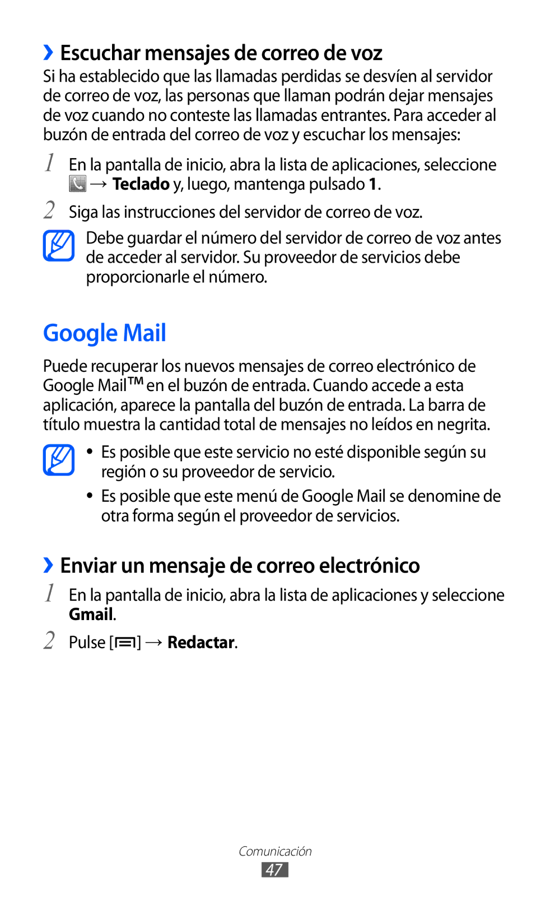 Samsung GT-S5570AAIAMN Google Mail, ››Escuchar mensajes de correo de voz, ››Enviar un mensaje de correo electrónico, Gmail 