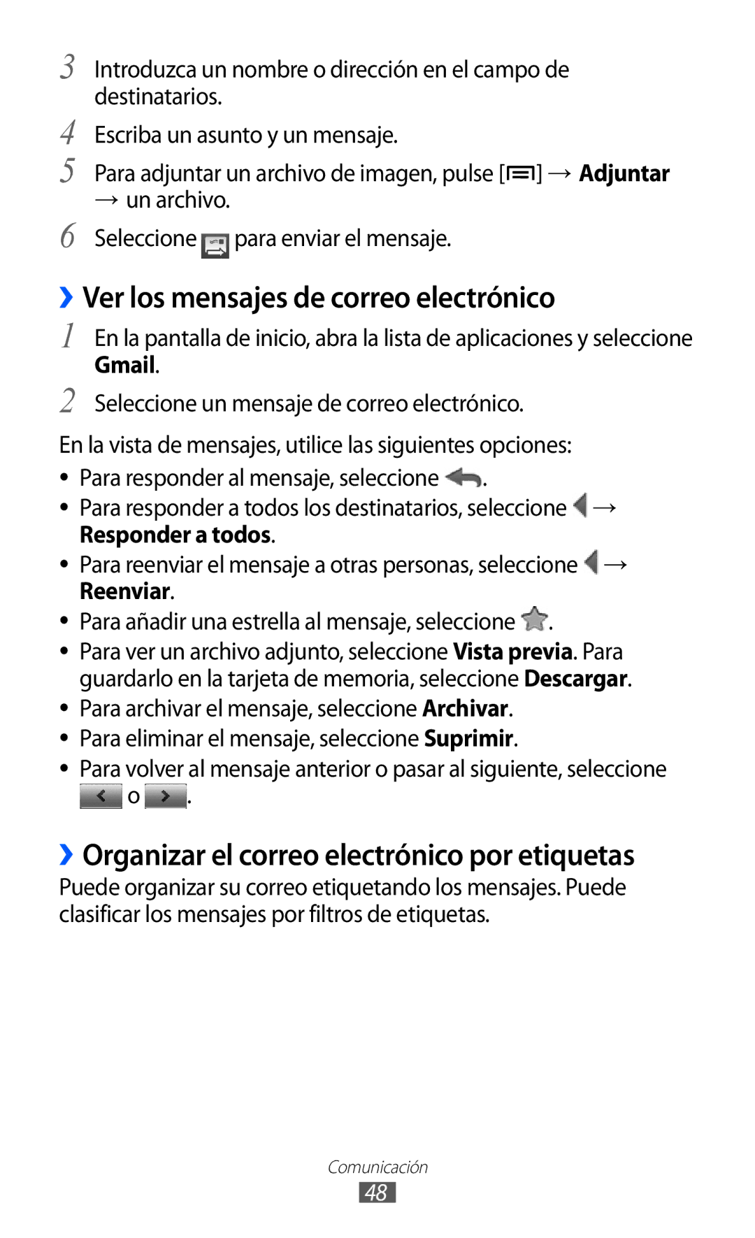 Samsung GT-S5570EGIPHE ››Ver los mensajes de correo electrónico, ››Organizar el correo electrónico por etiquetas, Reenviar 