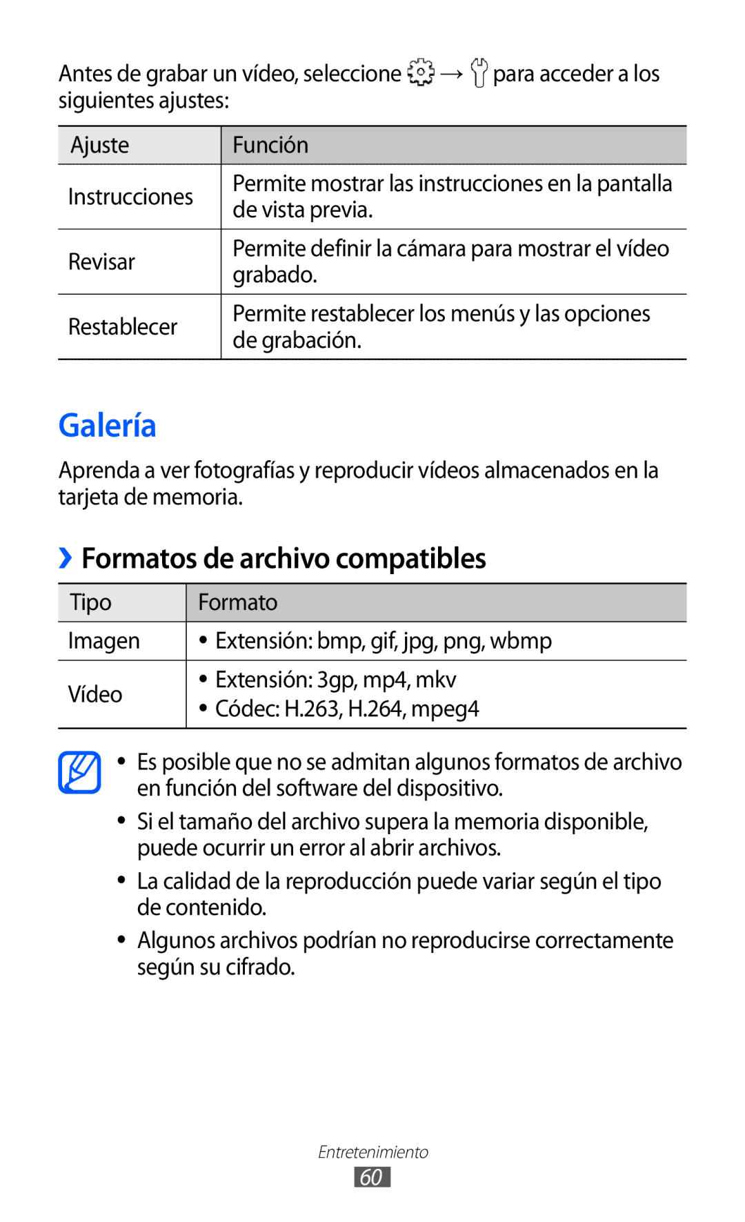 Samsung GT-S5570EGIFOP, GT-S5570CWITMN, GT-S5570MOIATL, GT-S5570MAIATL manual Galería, ››Formatos de archivo compatibles 