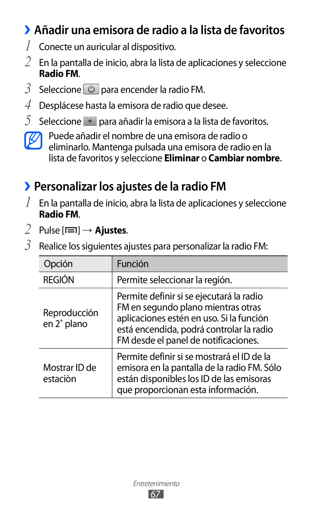 Samsung GT-S5570AAIFOP, GT-S5570CWITMN, GT-S5570MOIATL, GT-S5570MAIATL manual ››Personalizar los ajustes de la radio FM 